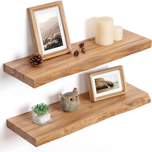 Floating Shelves for Wall Decor, Rustic Solid Elm Wood Live Edge Floating Shelves Wall Mounted, Wall Shelves with Invisible Bracket for Living Room Bathroom Bedroom Kitchen, 24 Inch Set of 2, Natural