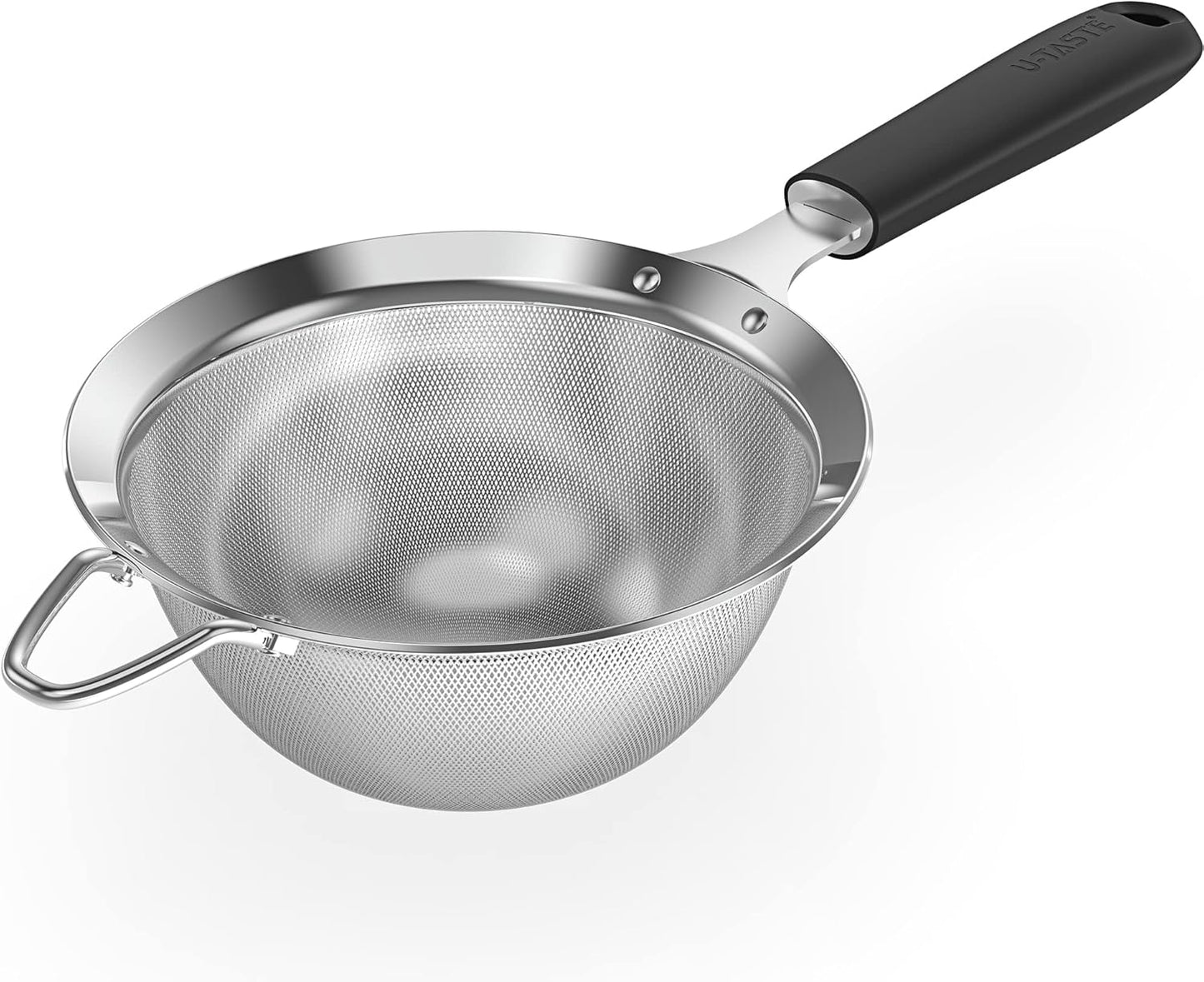 18/8 Stainless Steel Mesh Strainer: U-Taste 5.5 Inch Kitchen Fine Mesh Sieve Food Colander with Riveted Sturdy Silicone Handle and 30 Mesh Hole for Straining Flour, Pasta, Fruit, Quinoa (Black)