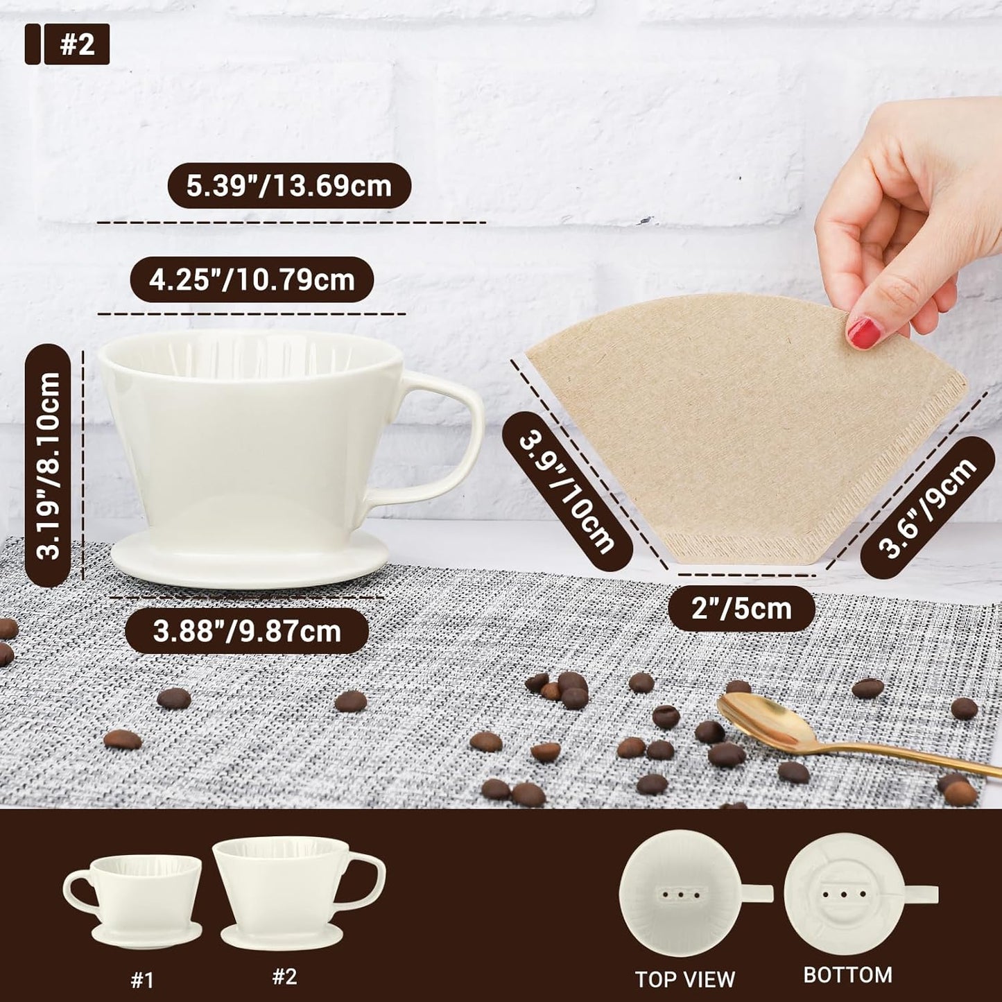 Segarty Pour Over Coffee Maker Set - Single Cup White Ceramic Coffee Dripper With 200 Pcs Size #2 Cone Filters, Slow Drip Manual Brewer for Home, Office, Travel, Camping