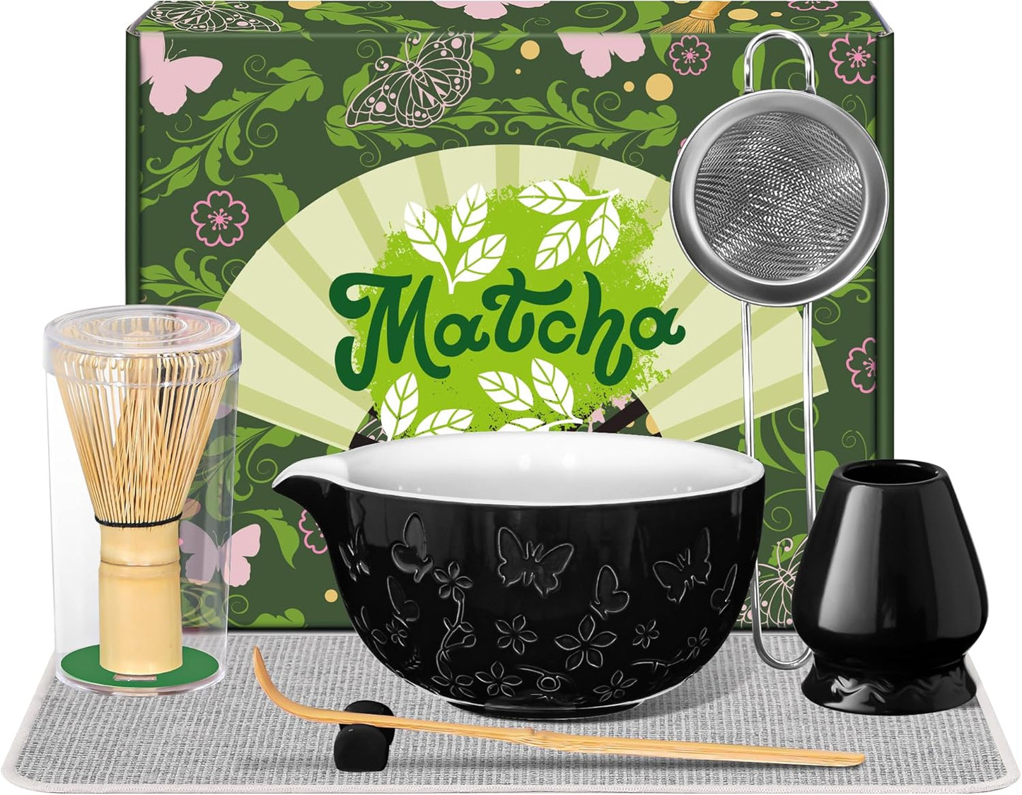 Matcha Whisk 7 PCS Matcha Whisk Set Ceramic Matcha Kit for Ceremony (Matcha Bowl, Bamboo Whisk and Holder), Matcha Tea Set for Making Breakfast/Latte Japanese Tea Tools for Ceremony Gift Black