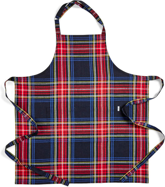 Solino Home Linen Bib Apron for Men & Women - Black Plaid Kitchen Apron with Front Pockets - Handcrafted from European Flax