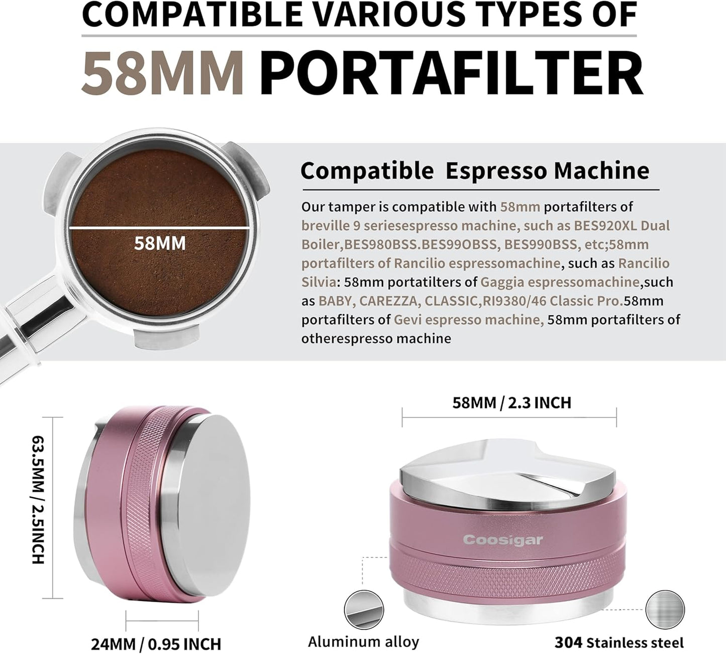 58mm Coffee Distributor and Tamper,Dual Head Coffee Leveler Fits for Gaggia E61 58mm Portafilter,Professional Espresso Hand Tamper.(Light pink)