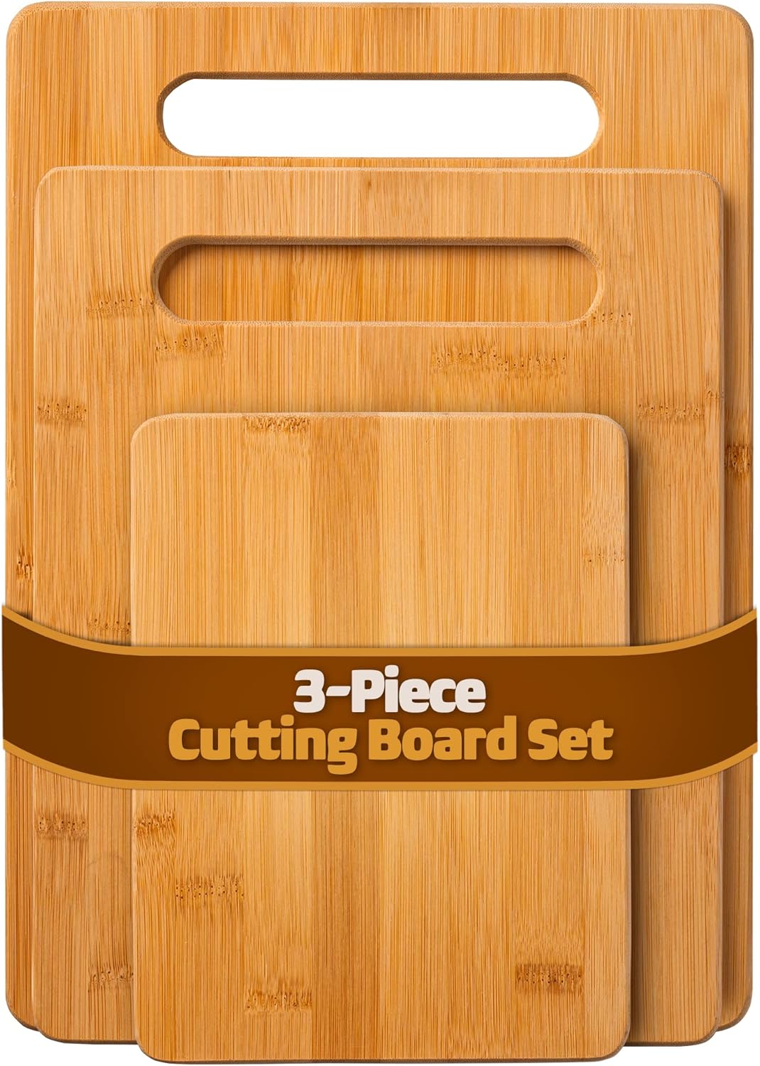 3 Piece Cutting Board Set - Reversible Bamboo Wood Cutting Boards for Kitchen, Chopping Meat, Vegetables, Fruit, Cheese, Charcuterie - Assorted Sizes with Handles for Meal Prep & Serving, Kitchen Gift