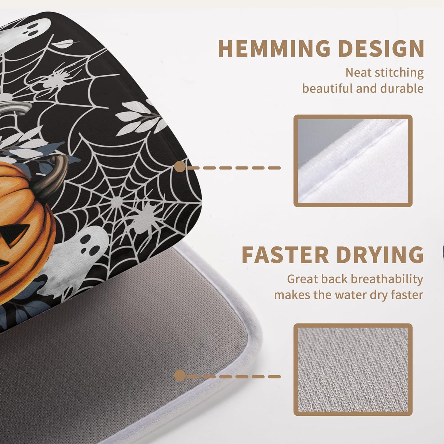 Halloween Pumpkin Dish Drying Mats Spooky Ghost Dish Mat Kitchen Spiders Large Drying Matt Dishes Dryer Pad for Kitchen Counter Absorbent Microfiber Washable Foldable Reusable 18x24 in