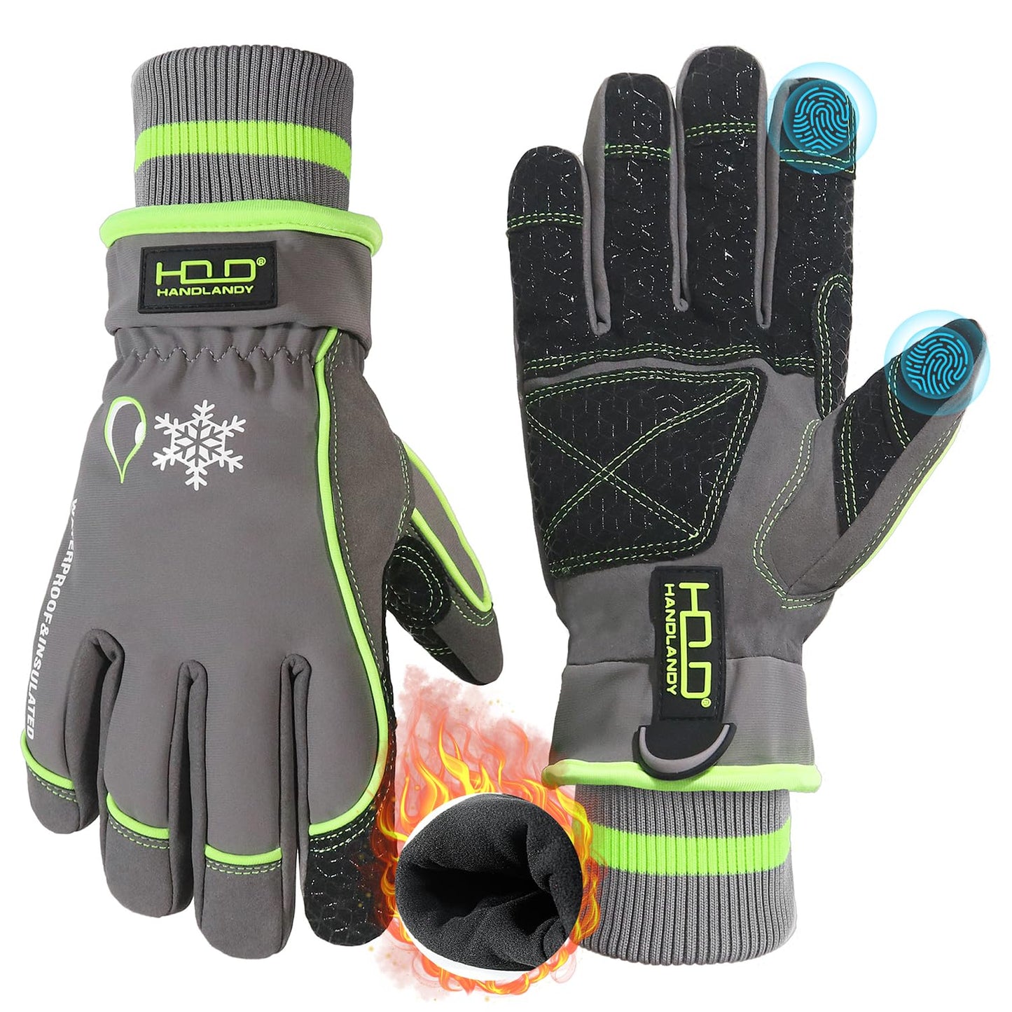 HANDLANDY Waterproof Insulated Work Gloves, 3M Thinsulate Thermal Winter Gloves for Men Women Touch Screen, Warm Ski Snowboard Cold Weather Gloves (Green-men Size, Small)