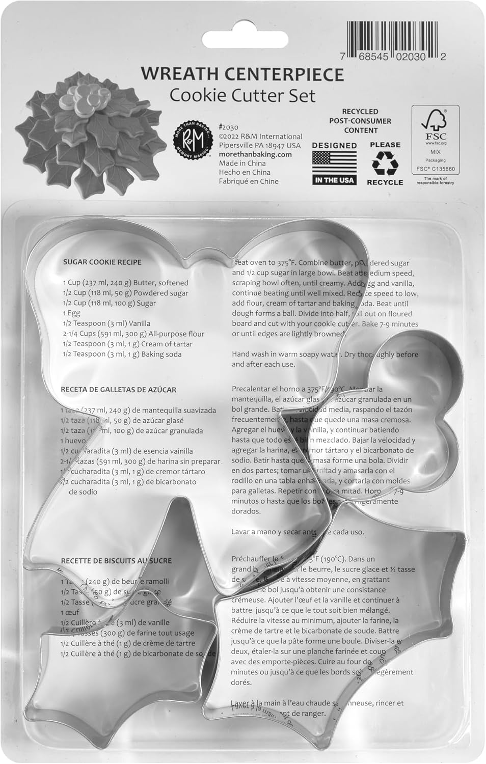 R&M International 2030 Christmas Holiday Wreath Centerpiece Cookie Cutters, Holly Leaves, Berries, Holiday Bow, 4-Piece Set