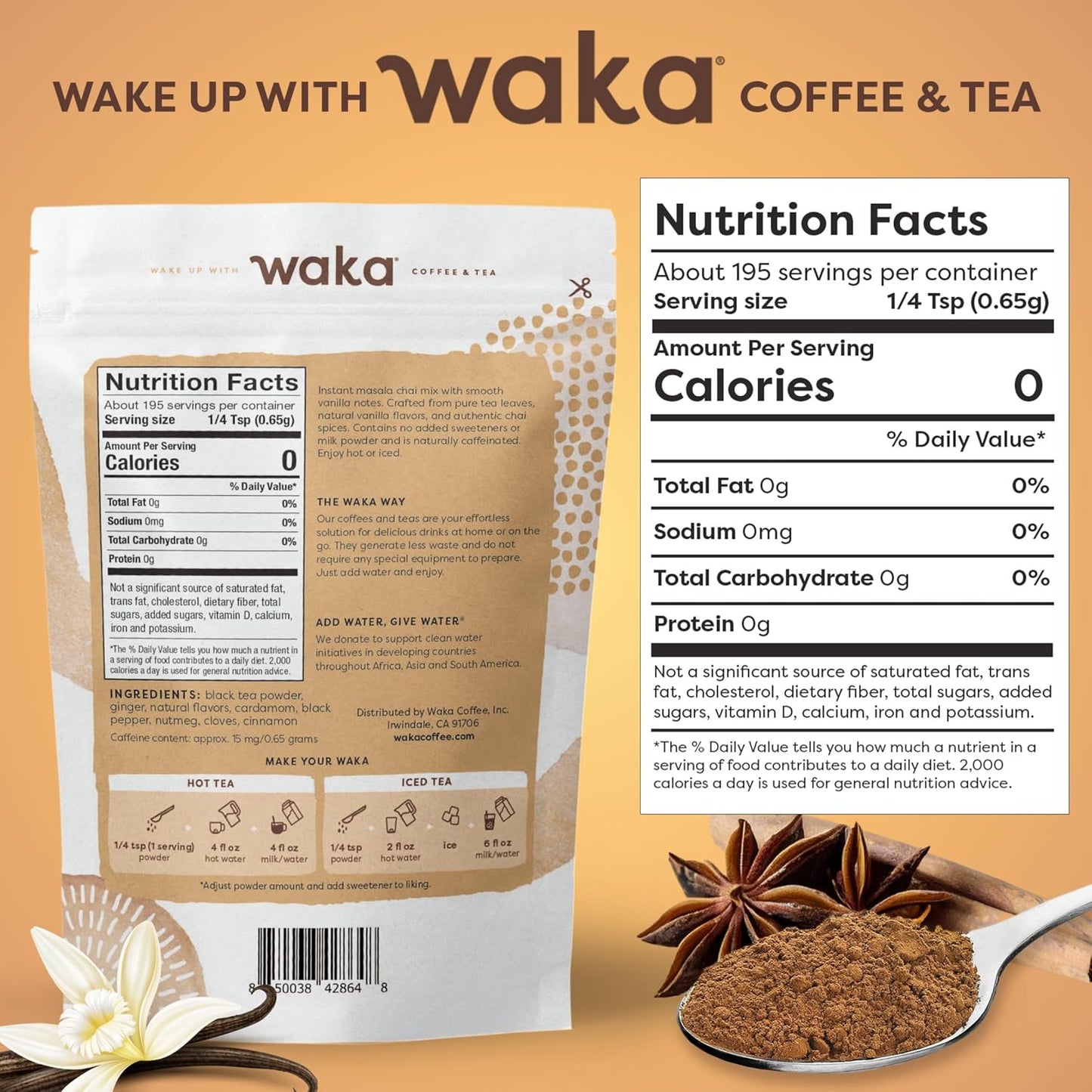 Waka Vanilla Chai Tea Mix - 100% Tea Leaves from India, Natural Spices, Unsweetened Tea Powder - No Sugar, No Additives, Up to 195 Cups (4.5oz Pouch, 195 Servings)