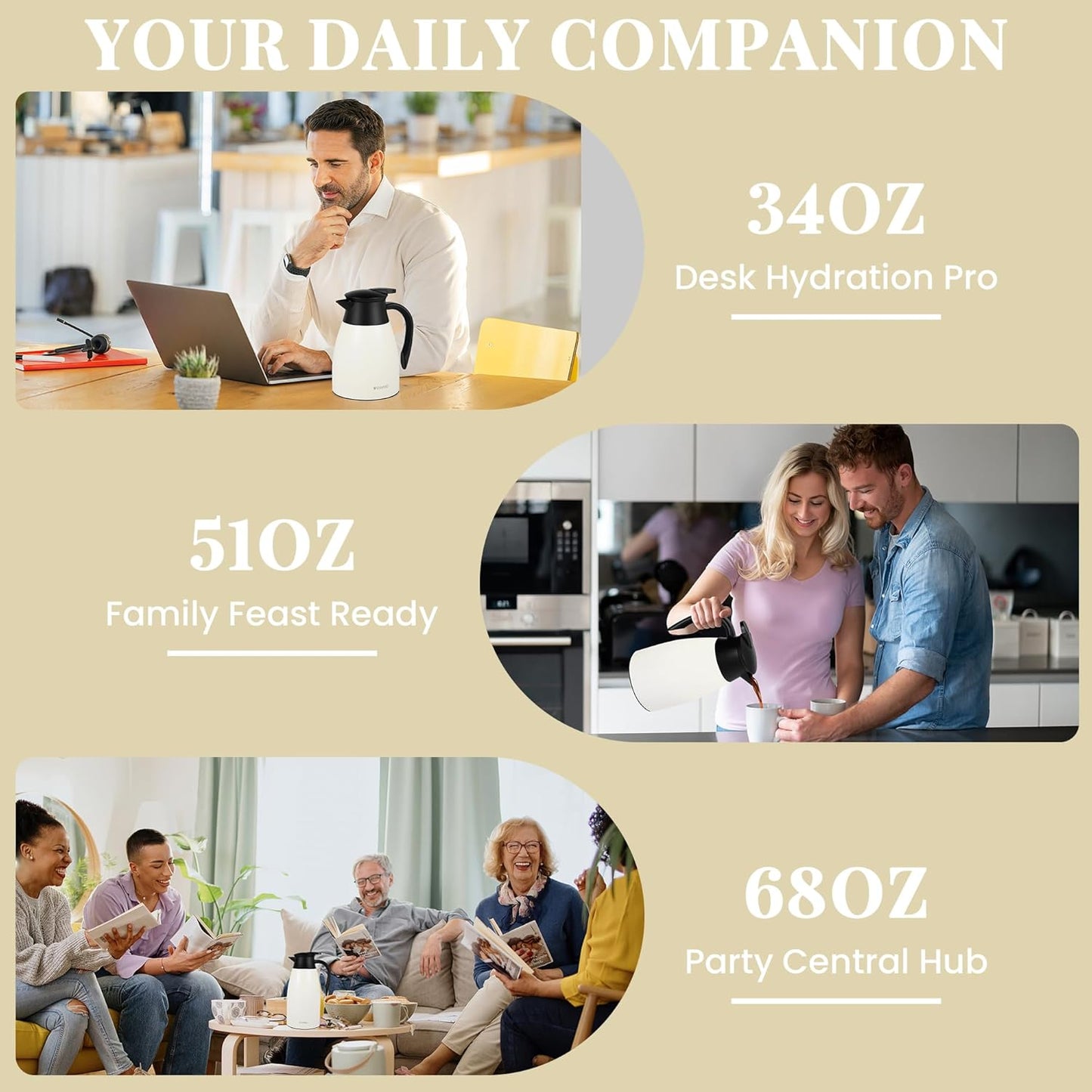 34 Oz Thermal Coffee Carafe, Stainless Steel Insulated Vacuum coffee crafts to keep coffee hot, 1 Liter Tea Water Coffee and Beverage Dispenser (Cream)