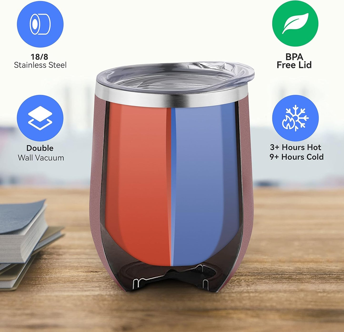 DOMICARE Stainless Steel Wine Tumbler Bulk with Lid, Personalized Rose Gold Insulated Tumblers Set, 12oz Travel Coffee Cups Pack of 8