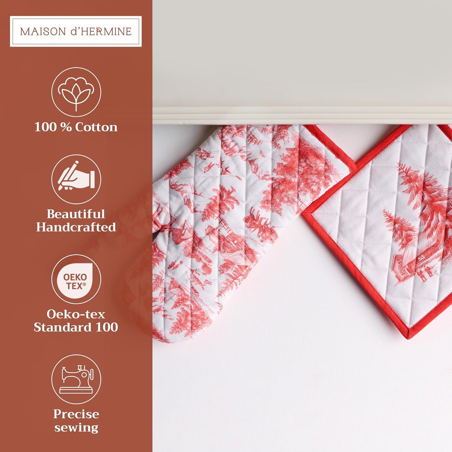 Maison d' Hermine 100% Cotton Oven Mitt & Pot Holder Set (7.5"x13" & 8"x8") Heat Resistant BBQ Cooking Gloves with Loop, Baking, Grilling, Kitchen, Handling Hot Pans (Winter Jouy)