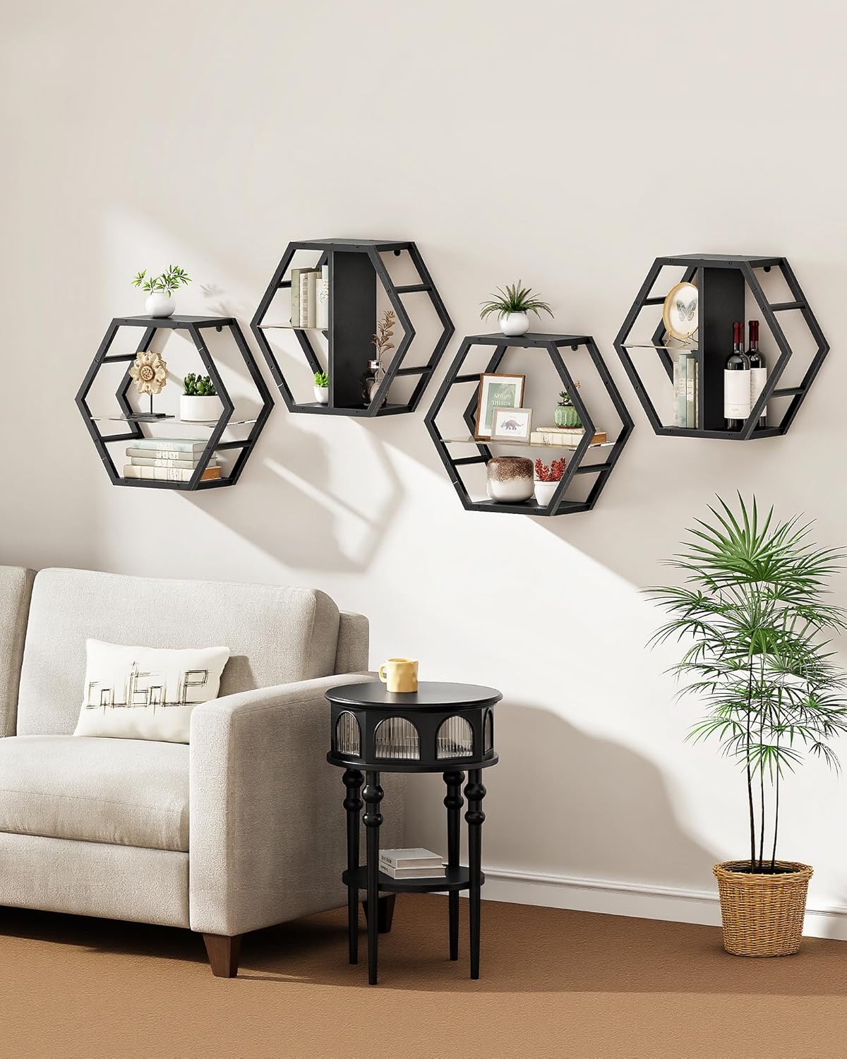 Hexagon Floating Shelves Set of 2, Glass Hanging Shelves for Wall Decor, Industrial Style Wall Storage Rack and 12 S-Hooks, for Living Room, Bedroom, Office, Game Center, Black TBJ08BB