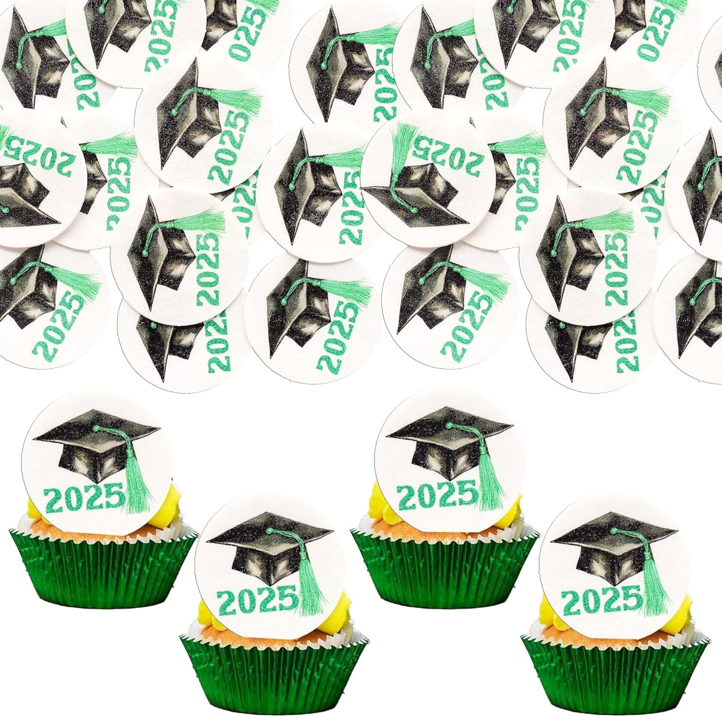 Gyufise 48Pcs Edible 2025 Graduation Theme Cupcake Toppers Wafer Paper Graduation Hat Graduate Cupcake Picks Green
