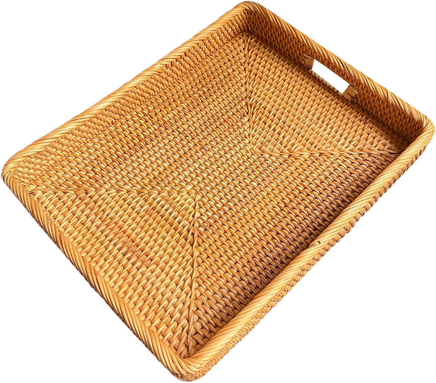 i-lan 17Inch Large Rectangle Rattan Serving Tray with Handles-Natural Wicker Breakfast Coffee Drinks Serving Platter,Kitchen Tabletop Decorative Serving Tray for Fruit,Vegetables and Snacks