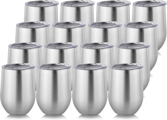 DOMICARE Stainless Steel Wine Tumbler Bulk with Lid, Personalized Insulated Tumblers Set, 12oz Travel Coffee Cups Pack of 16, Stainless steel