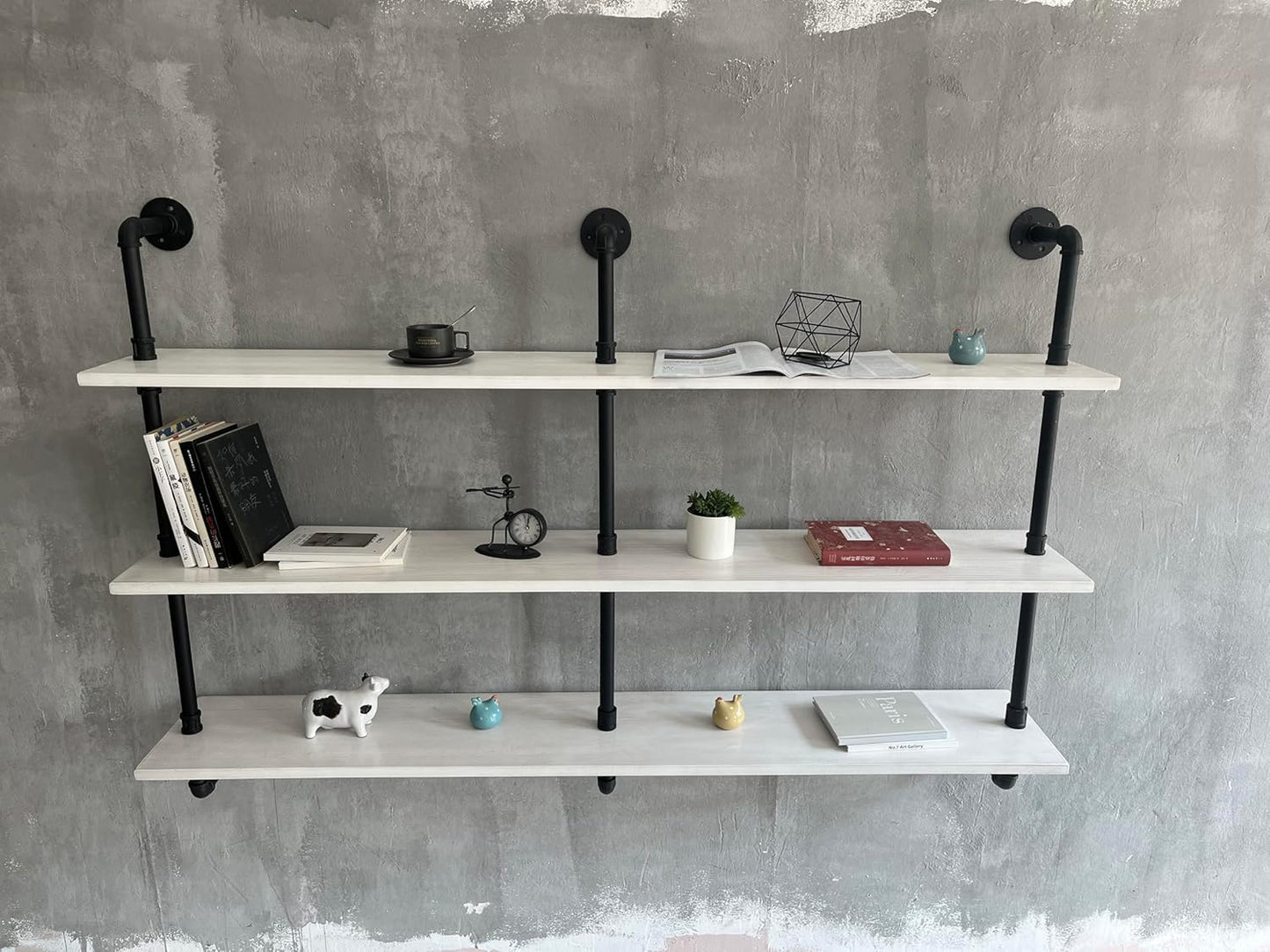 Industrial Pipe Shelving Rustic White Pipe Wall Shelves Industrial Shelves with Wood Planks Floating Shelves 60 Inch Farmhouse Bathroom,Kitchen Shelving Wall Mounted