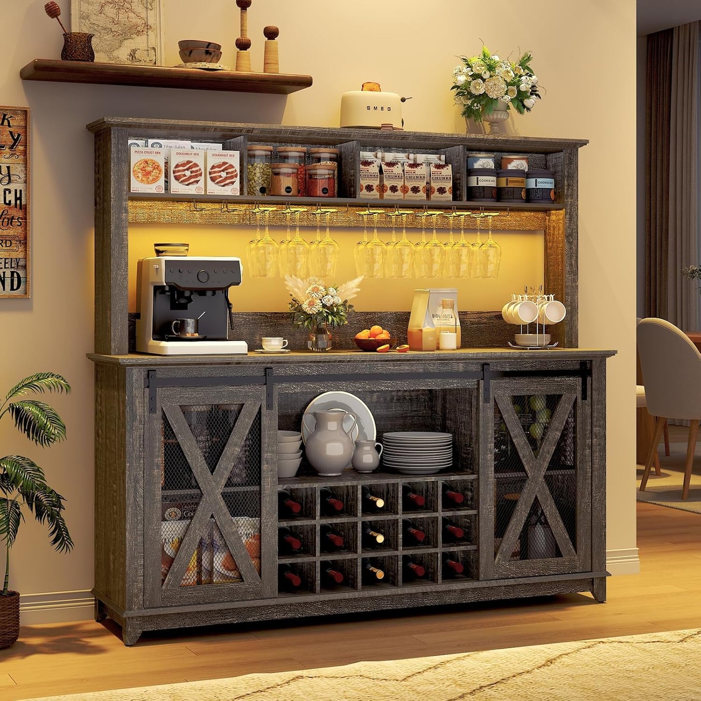 63"W Farmhouse Coffee Bar Cabinet with LED Light,Wine Bar Cabinet w/ 4 Tier Storage Hutch,Kitchen Buffet Cabinet w/Sliding Barn Door & 15 Wine and Glass Racks for Kitchen Dining Room(Dark Rustic Oak)