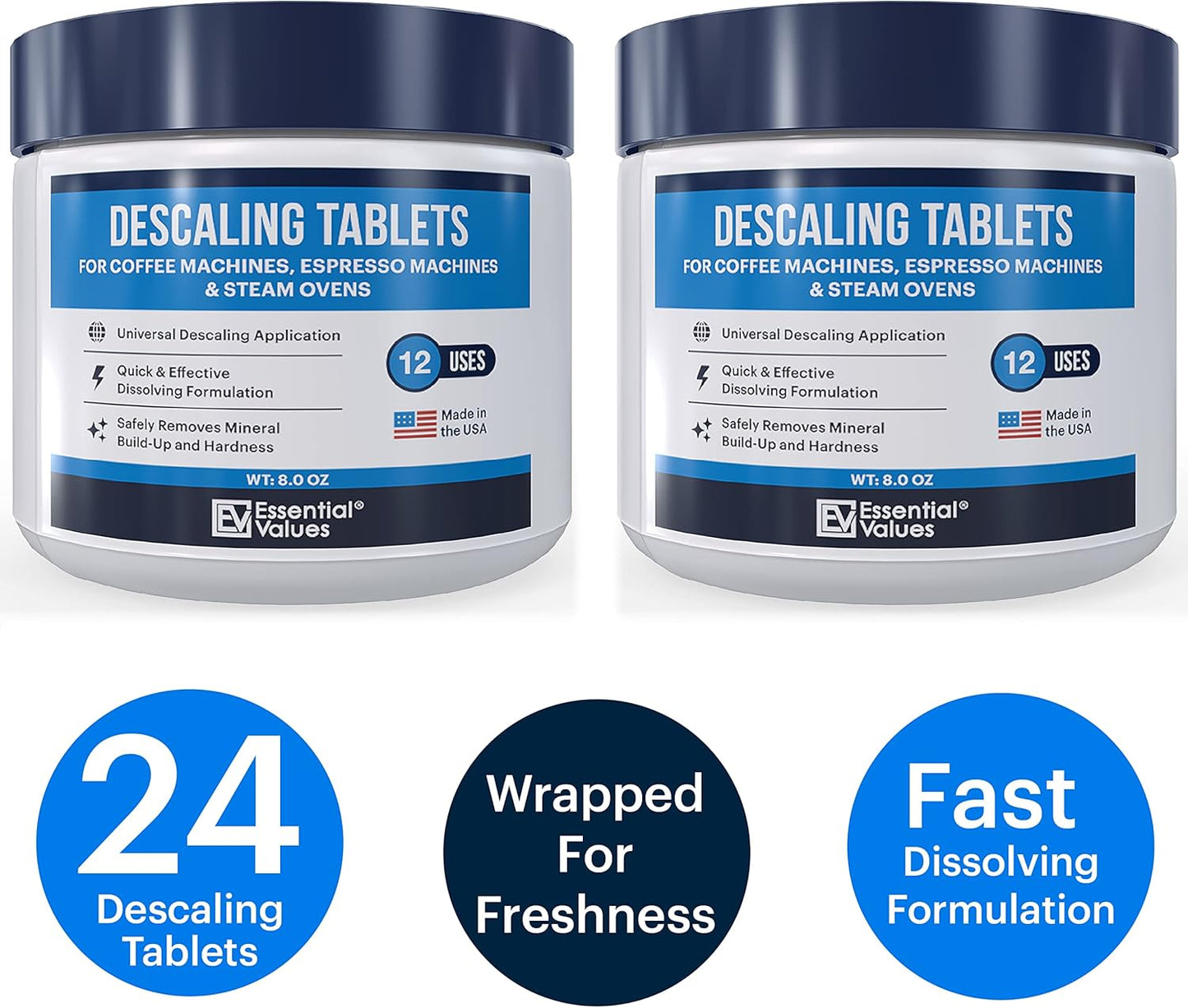 Essential Values Descaling Tablets (24 Count/Up To 24 Uses) For Jura, Miele, Bosch, Tassimo Espresso Machines and Miele Steam Ovens