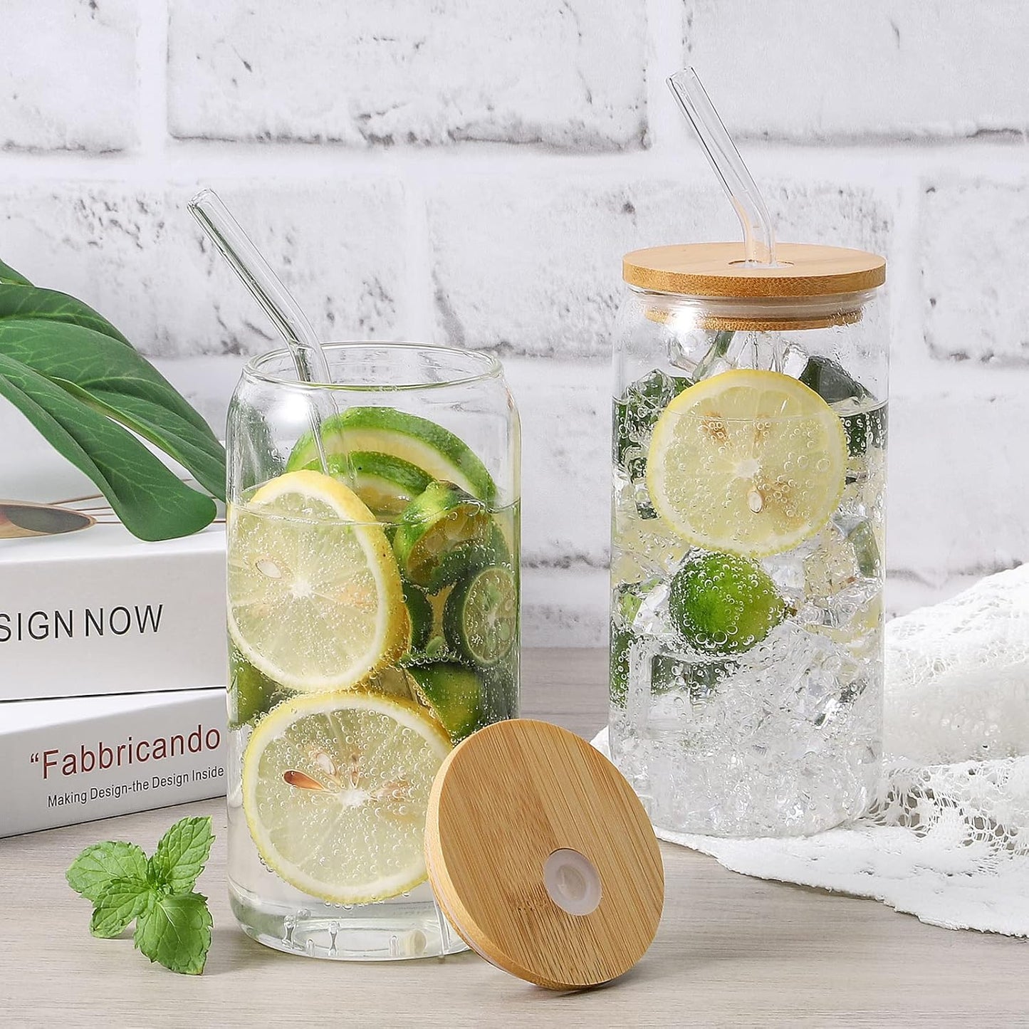 Glass Cups with Lid and Straw, 16oz Beer Glasses Glass Coffee Cups, Iced Coffee Cups with Lid, Glass Tumbler with Straw and Lid (8 PACK)