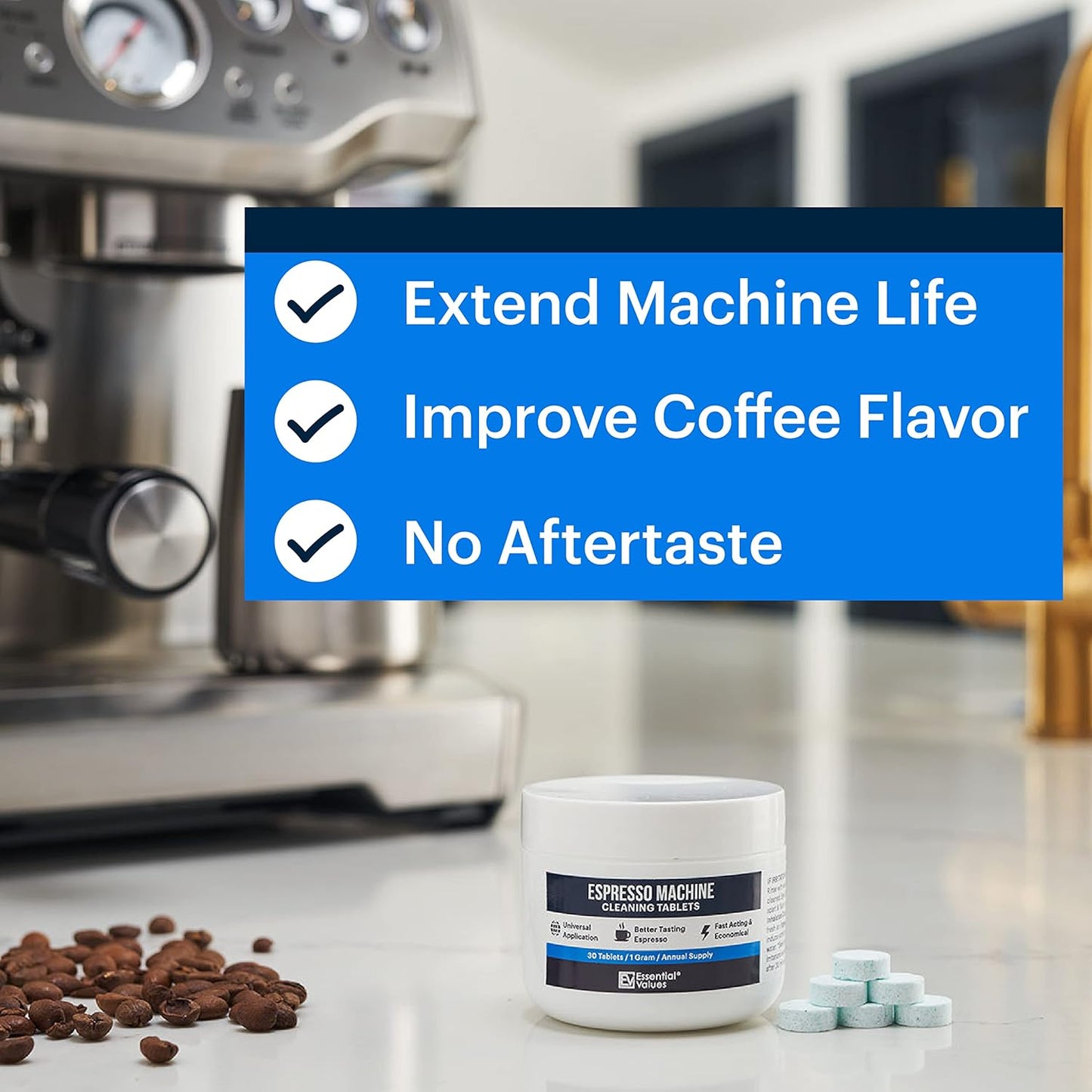 Essential Values Espresso Machine Cleaning Tablets (30 Tablets), Compatible with Breville Barista Express, Gaggia, Delonghi, Jura, Philips - Universal Descaler for Espresso Machines