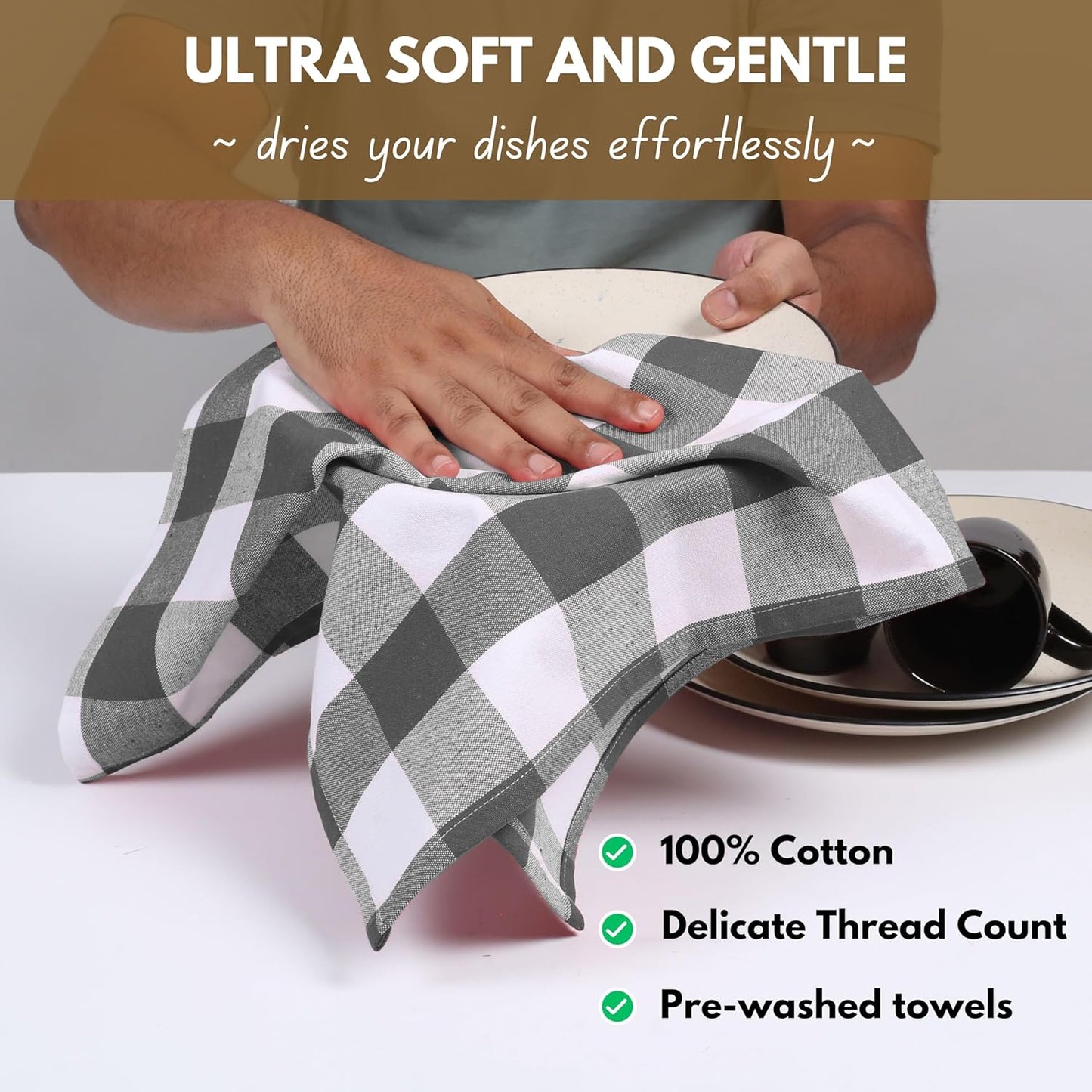 Native Fab 12-Pack Kitchen Towel with Hanging Loop 16x26 inches, Cotton Buffalo Check Kitchen Towels for Cleaning Drying, Washcloths Soft & Absorbent Cloth Rags, Bar Towel, Dish Cloth, Grey