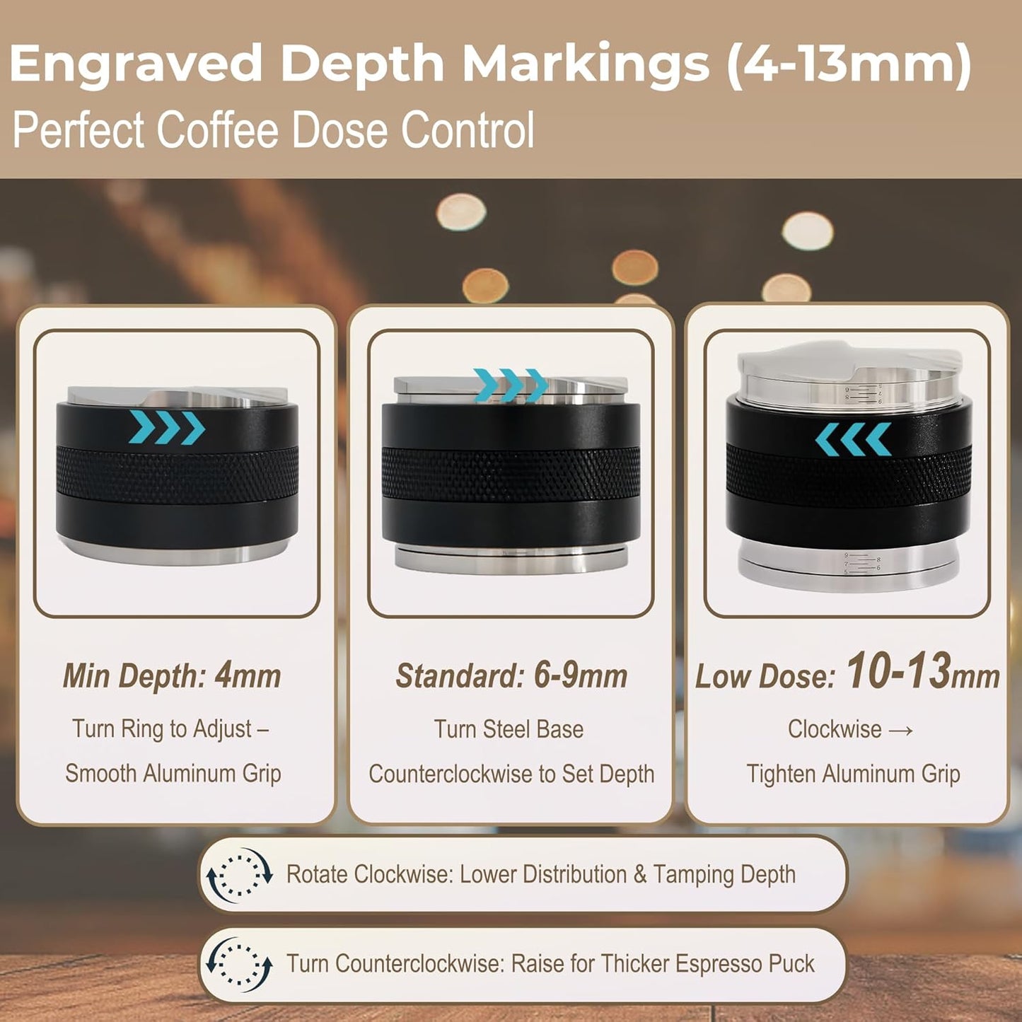 53mm Coffee Distributor & Tamper - Dual Head Adjustable Depth for Breville Barista Pro/Express/Touch - 304 Stainless Steel Compatible with 54mm Bottomless Portafilter, Black