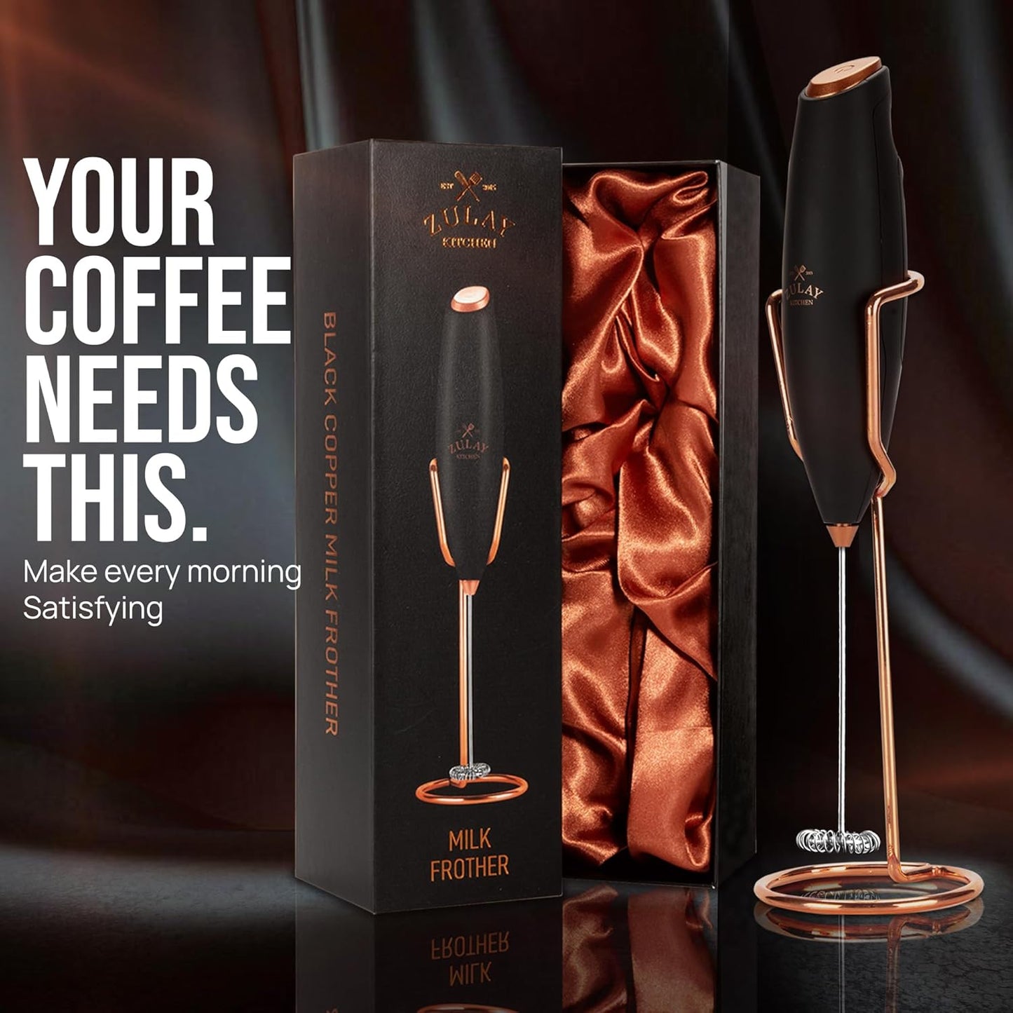Zulay Kitchen Executive Series Luxury Gift Milk Frother with 4 Duracell Batteries – Handheld Electric Foam Maker for Coffee, Lattes & Hot Chocolate – Deluxe Finish, Ultimate Gift for Coffee Lovers