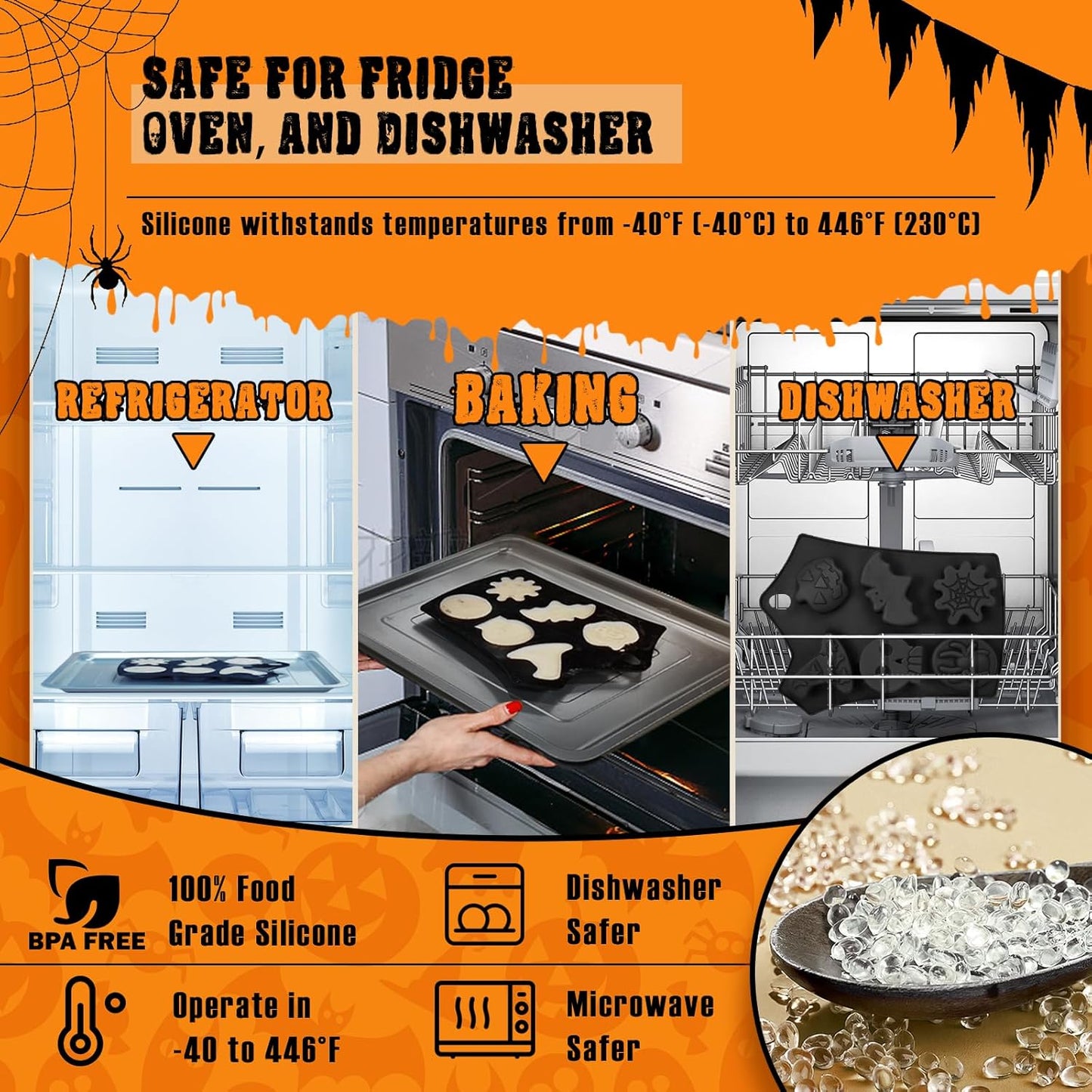 Halloween Silicone Molds Set 19 Shapes Large Baking Molds Pack of 4 Including Pumpkin Skull Ghost Bat Hat Spider Web House Molds, 3D Spooky Homemade Soap Candle Ice Pan Muffin Cupcake Moulds Oven Safe