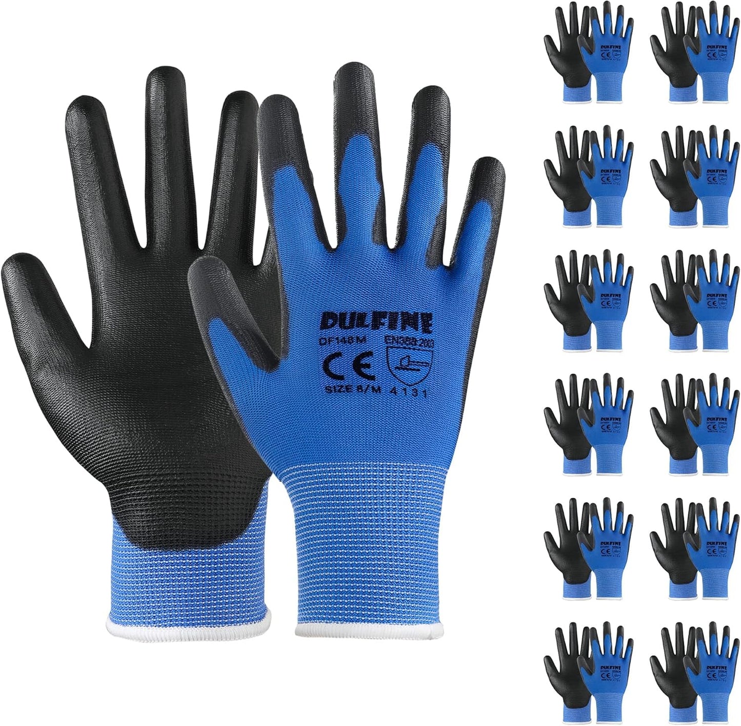 DULFINE Safety Work Gloves PU Coated-12 Pairs,Blue Seamless Knit Glove with Polyurethane Coated Smooth Grip on Palm & Fingers, for Men and Women, Ideal for General Duty Work (Small)