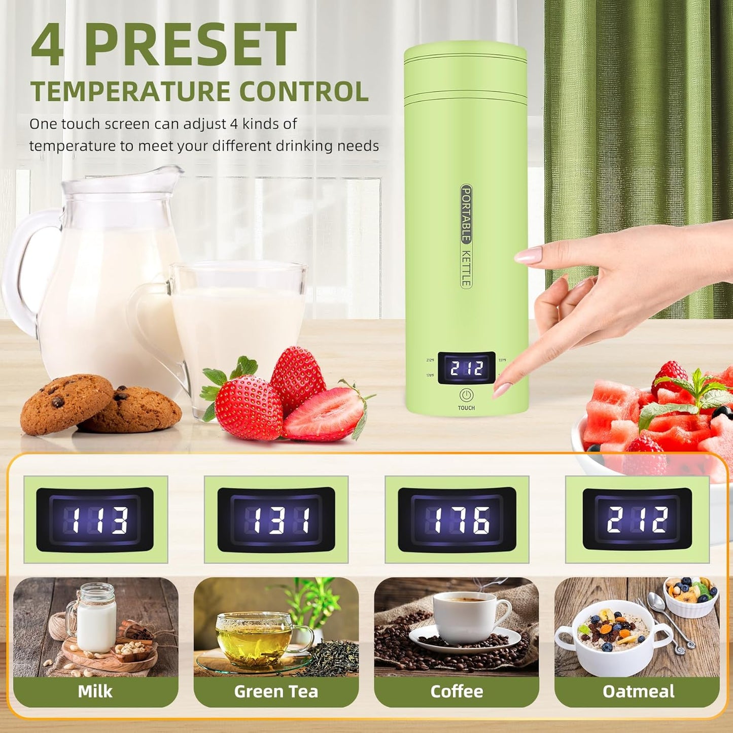 Travel Electric Kettle Portable Small Mini Tea Coffee Kettle Water Boiler, Water Heater with 4 Temperature Control,304 Stainless Steel with Auto Shut-Off & Boil Dry Protection, BPA-Free (Green)