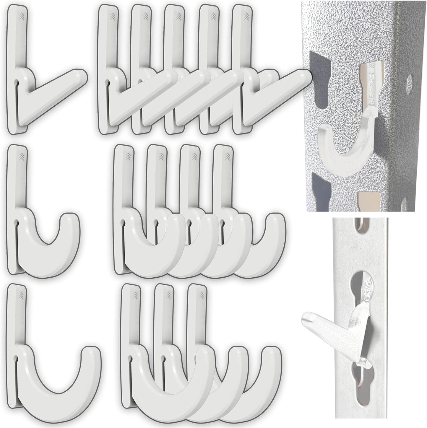 Heavy Duty Plastic L-Hooks and J-Hooks for Garage Shelving, Compatible with Keyhole Slots, UV-Resistant, 40 lbs Load Capacity (15, White L-Hook and J-Hook Assortment)