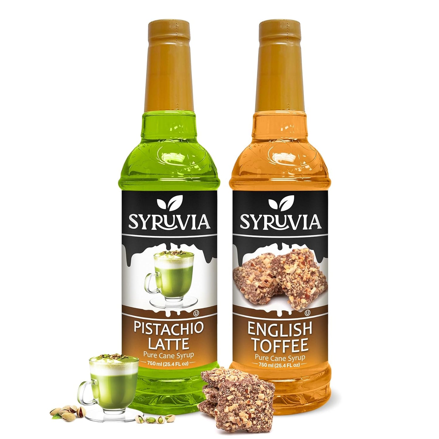 Syruvia Pistachio Latte Syrup & English Toffee Syrup - 25.4 fl oz. Premium Coffee Flavoring Syrup. Kosher, & Gluten-Free. Perfect for Enhancing Drinks, Smoothies, Sodas, Shakes, Desserts, & More.