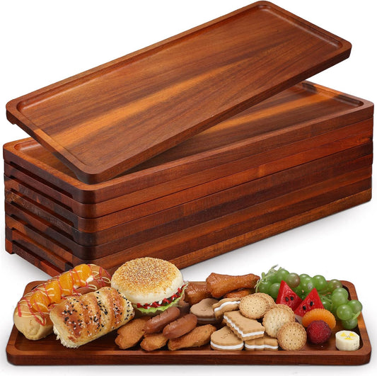 10 Pack Solid Wood Serving Trays 16.7 x 6.4 Inch Acacia Wooden Server Platter Rectangular Charcuterie Boards with Grooved Handle for Home Room Coffee Cheese Appetizer Table Farmhouse Serving Decor