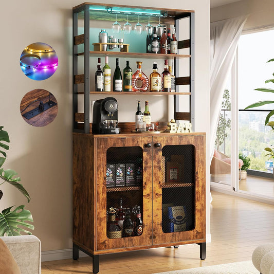 Aheaplus Bar Cabinet with Power Outlets, 67" Tall Wine Bar Liquor Cabinet with LED Lights & Glass Holder, Coffee Bars Station for Living Room, Microwave Stand Bakers Rack Cabinets, Rustic Brown