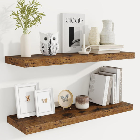 Fun Memories Floating Shelves for Wall, 32 Inch Rustic Wood Wall Mounted Shelves for Bathroom, Bedroom, Kitchen, Living Room, Deep Floating Shelves for Storage & Home Decor (Brown,Set of 2)