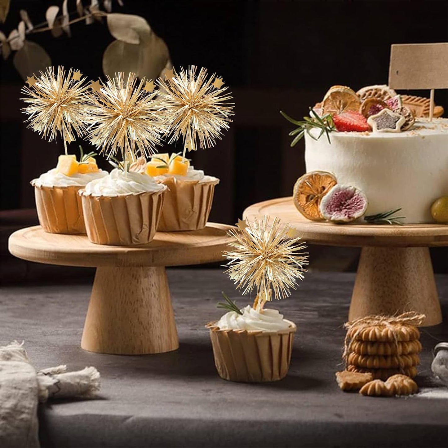 Ephlyn 30Pcs Foil Firework Cupcake Toppers Party Birthday Cake Toppers Supplies Sparkle Tinsel Cocktail Fruit Toothpick for Birthday Wedding Graduation Party Supplies Gold