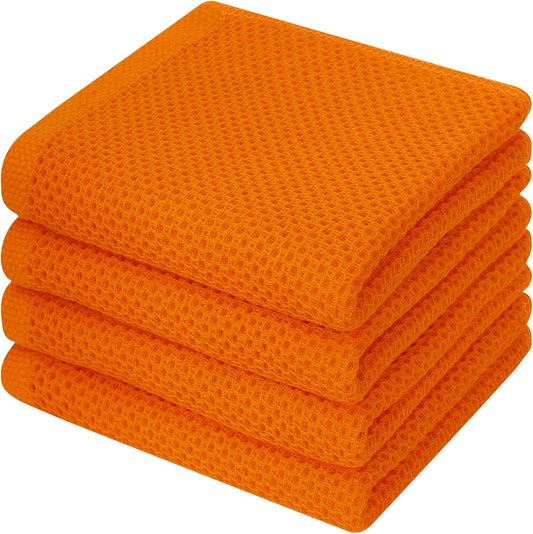 Kitinjoy 100% Cotton Waffle Weave Kitchen Towels, 4-Pack Super Soft and Absorbent Dish Towels for Drying Dishes, Kitchen Hand Towels, 13 in x 28 in, Orange