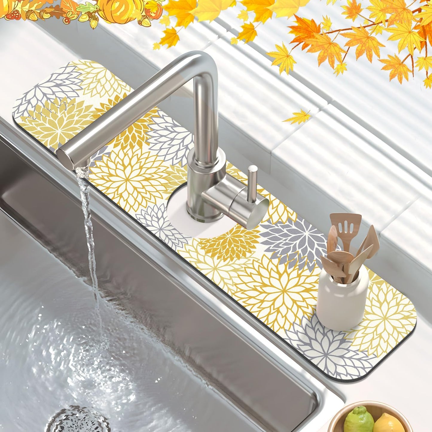 Findosom 2PCS 16" x 24" Fall Dish Drying Mat & 24" x 5.5" Sink Splash Guard, Super Absorbent & Cuttable Dish Mat Drying Kitchen Mat with Yellow Floral, Hide Stain Drying Mat for Kitchen Counter