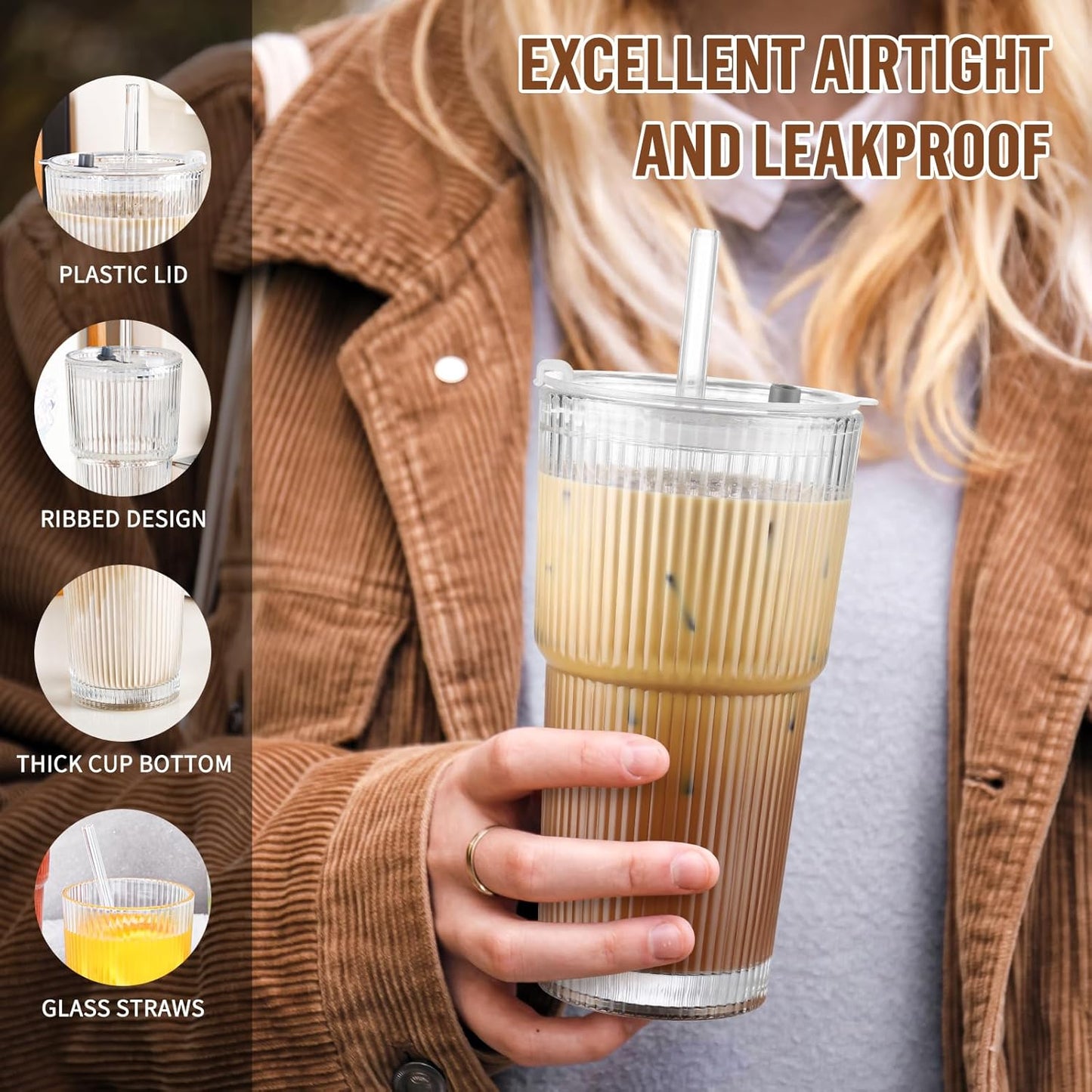 20 oz Glass Cup with Lid and Straw, Glass Tumbler with Straw and Lid, Vintage Glassware for Whiskey Cocktail Beer, Iced Coffee Cups with Lid (3 PACK)