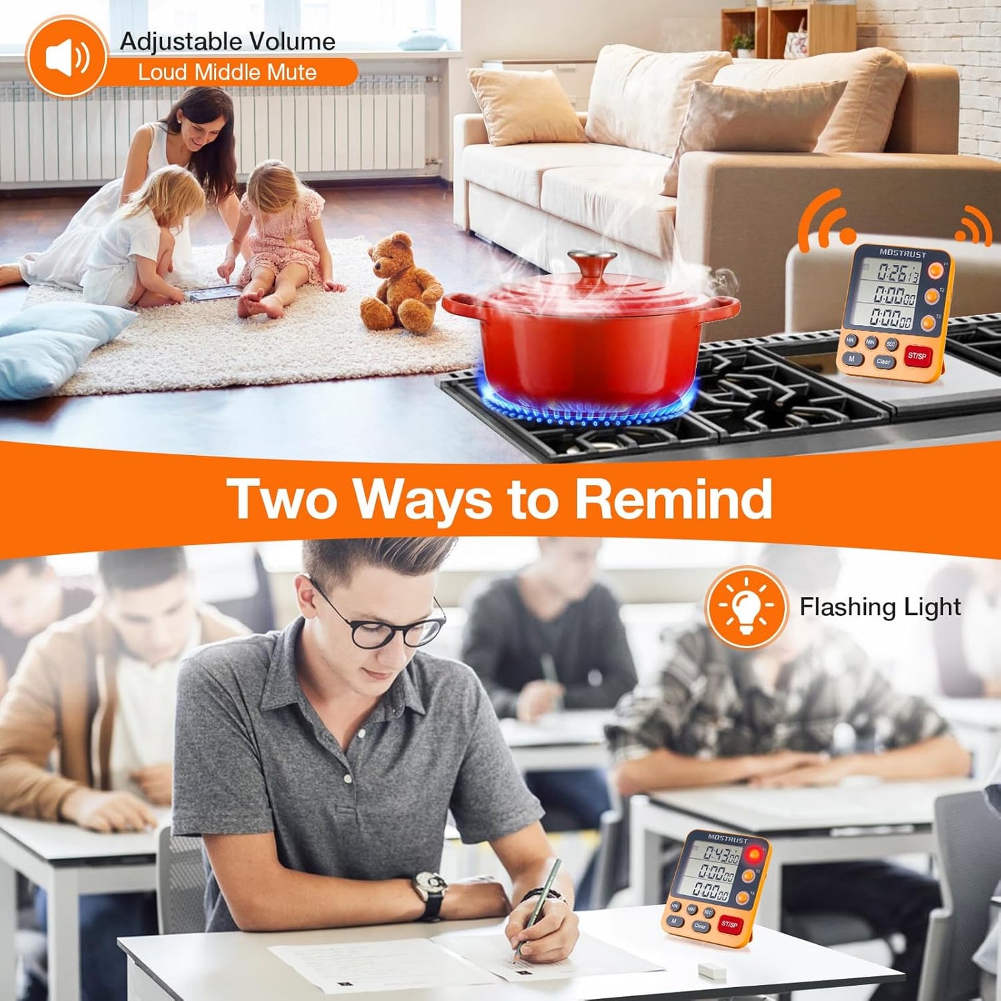 Digital Dual Kitchen Timer, 3 Channels Countdown Triple Timer for Cooking, Magnetic Memory-Preset Large Display Adjustable Alarm Volume, Multi Times Management, 3A Battery Included, Orange