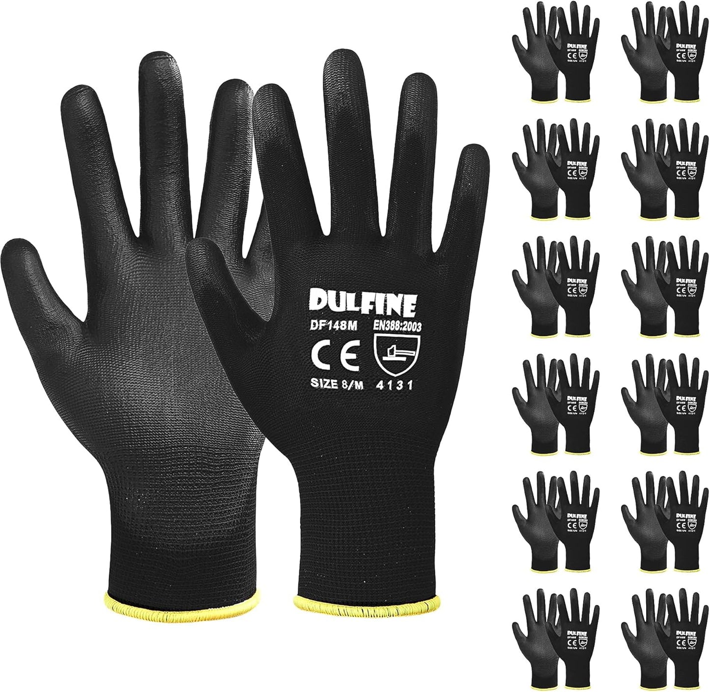 DULFINE Ultra-Thin PU Coated Work Gloves-12 Pairs,Excellent Grip,Nylon Shell Black Polyurethane Coated Safety Work Gloves, Knit Wrist Cuff,Ideal for Light Duty Work. (Extra Large)