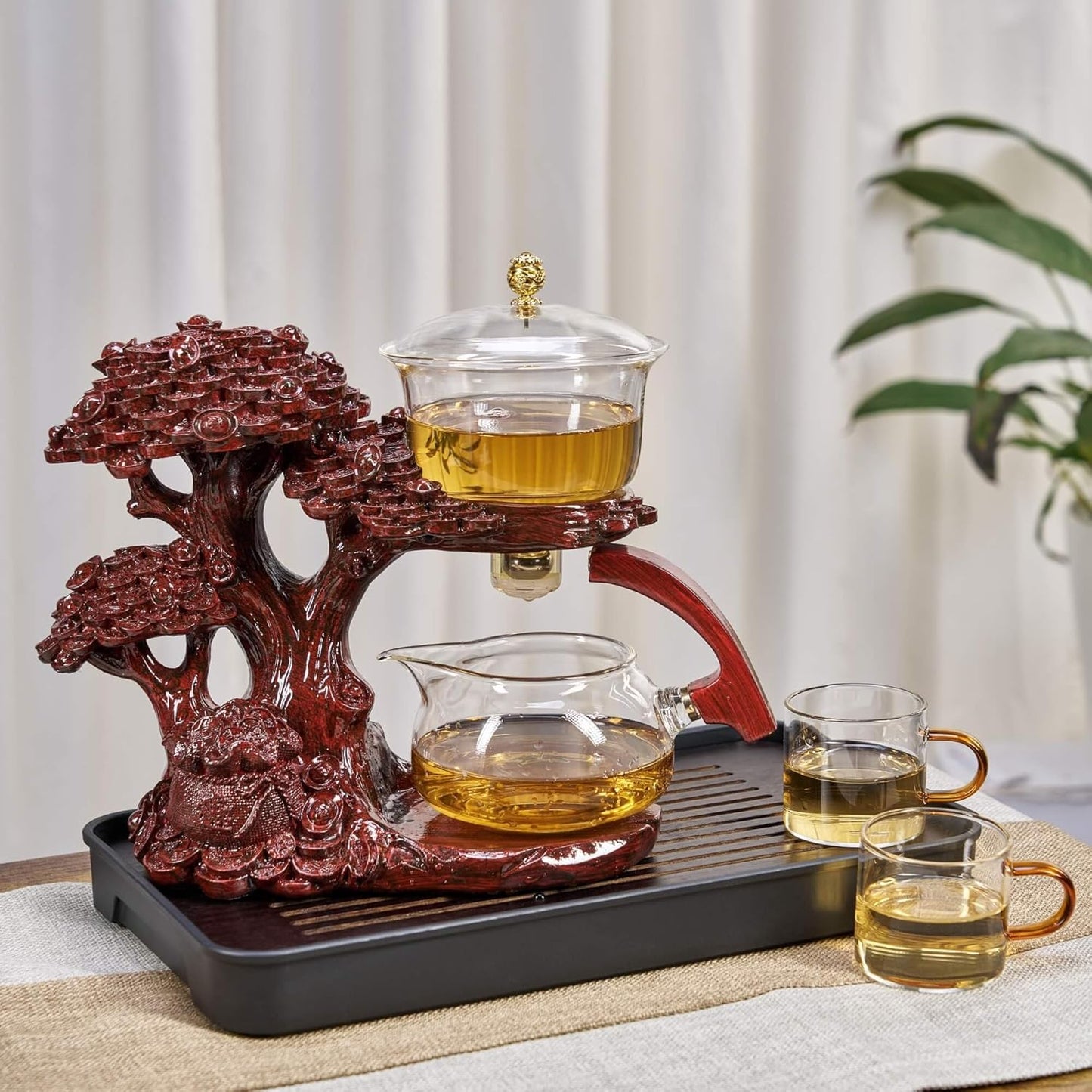 Glass Teapot Set with Infuser Semi Automatic Tea Set Magic Teapot (Tree - red)