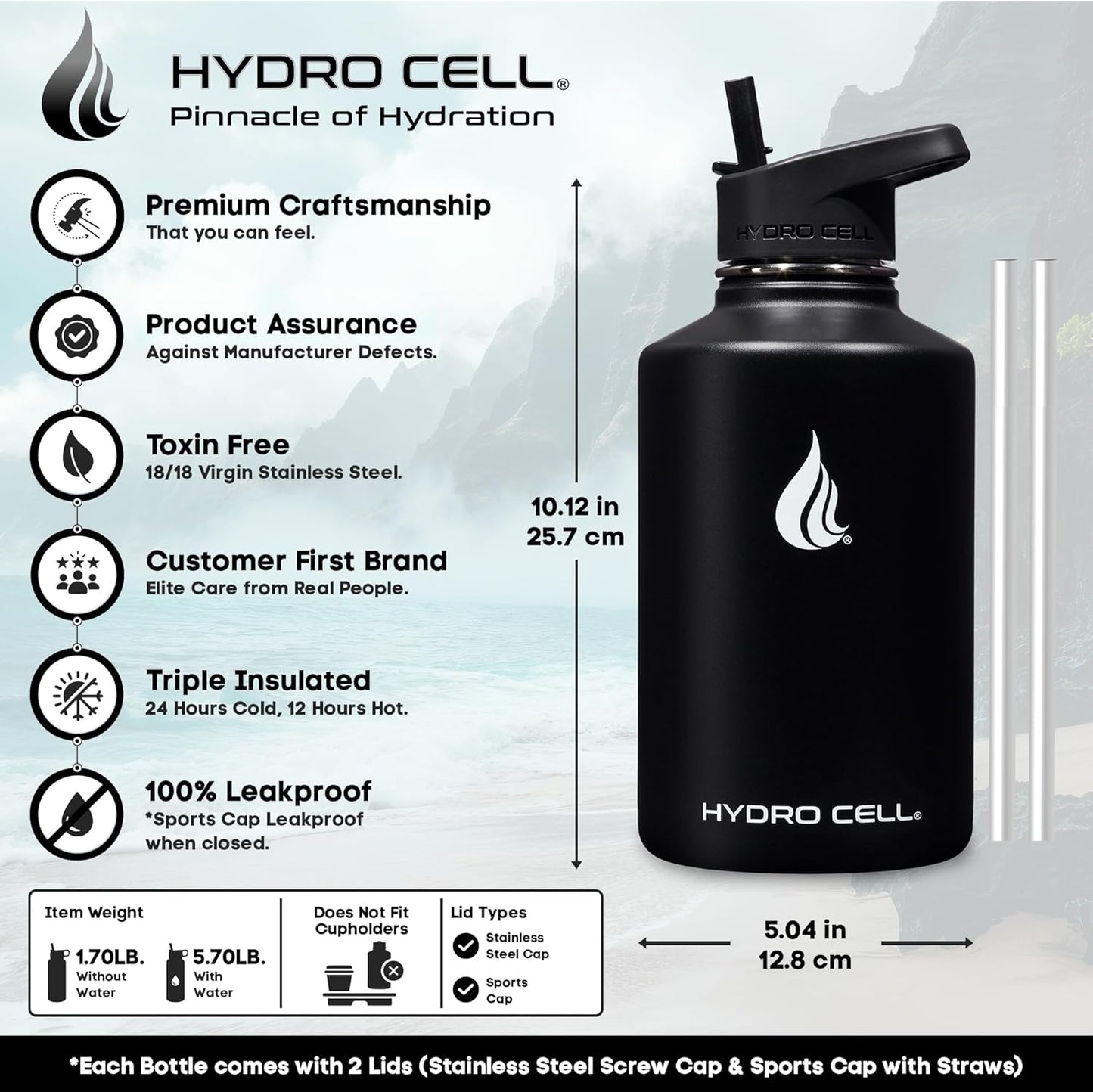 HYDRO CELL Stainless Steel Insulated Water Bottle with Straw - For Cold & Hot Drinks - Metal Vacuum Flask with Screw Cap and Modern Leakproof Sport Thermos for Adults (Black 64oz)