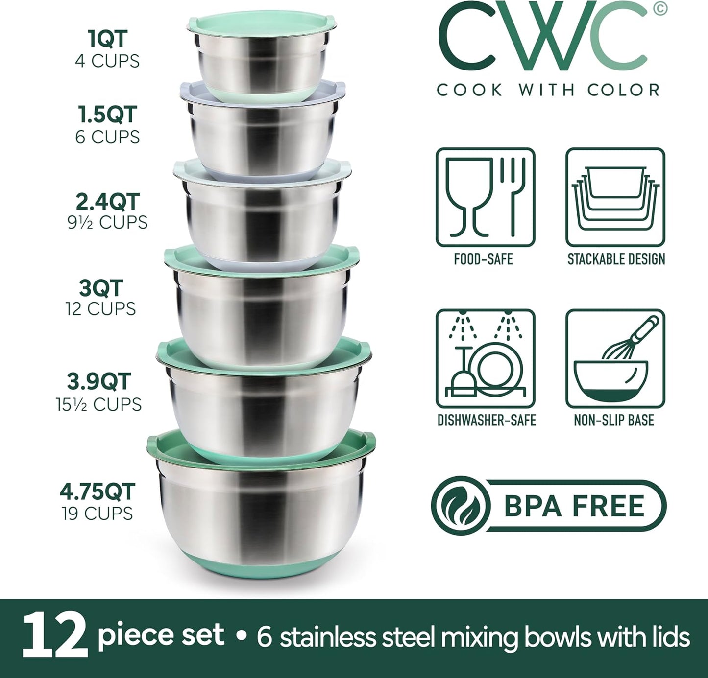 COOK WITH COLOR Stainless Steel Mixing Bowls Set with Lids - Nesting Bowls with Non-Slip Bottom, Sage, 12 Pieces