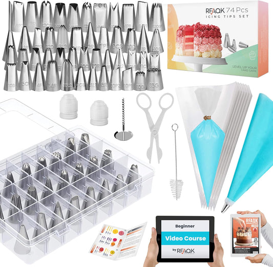 RFAQK 74 PCs Icing Piping Bags and Tips Set, Cake Decorating Kit with 48-Numbered Piping Tips, 20+1 Pastry Bags for Cookie Cupcake Cake Decoration, Cake Decorating Tips Set with Booklet and E-book