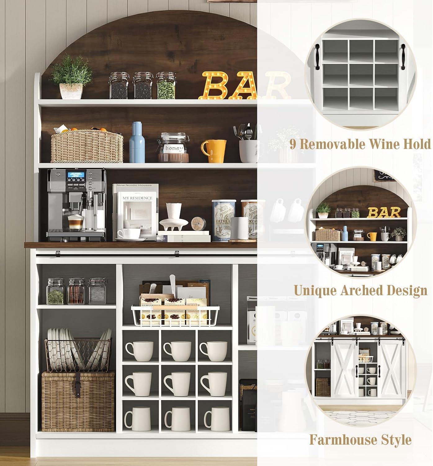 4 EVER WINNER Farmhouse Coffee Bar with 3-Tier Storage, 67” Coffee Bar Cabinet with Sliding Barn Doors, Hutch Cabinet with Storage & 9 Wine Racks, White