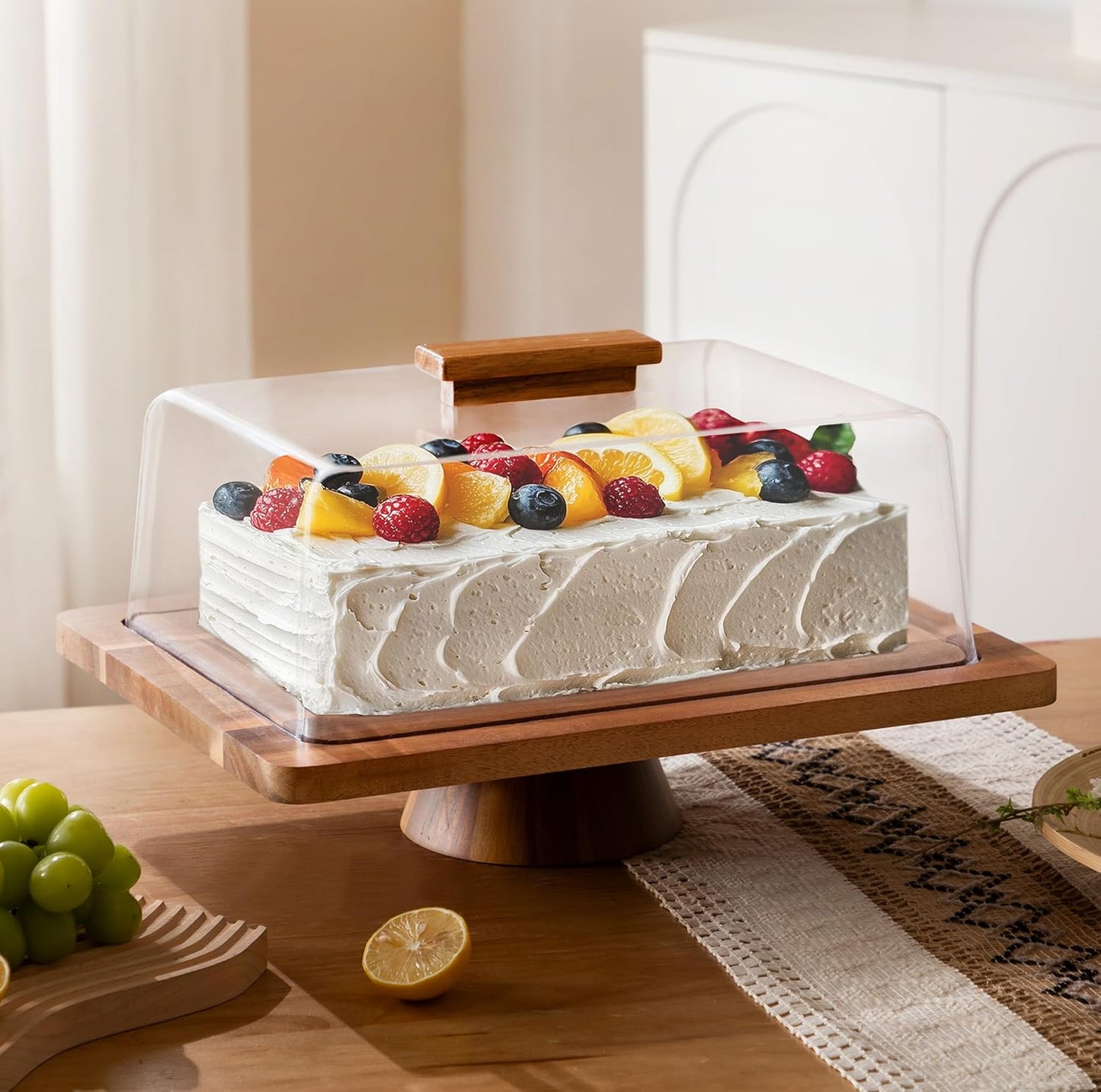 HBlife Cake Stand with Lid (16.5"), Multifunctional Cake Stand with Acrylic Dome Rectangular Acacia Wood 2-in-1 Cake Plate Display Stand with Cover for Baking Gifts, Birthday Kitchen Parties, Weddings