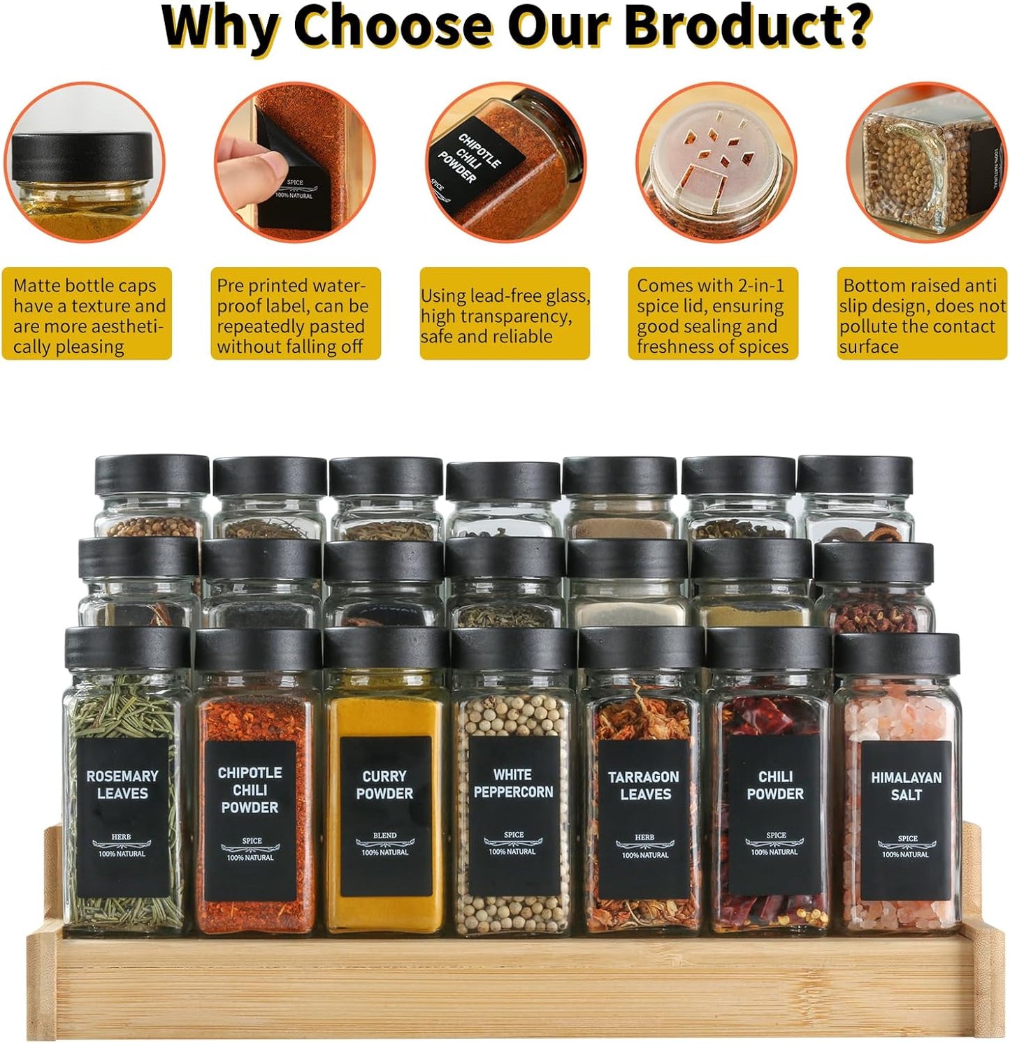 36Pcs Spice Jars Containers with Labels，4oz Black Seasoning Bottles with Shaker Lids for Rack, Cabinet, Drawer,Empty Square Condiment Pots (36, Black)