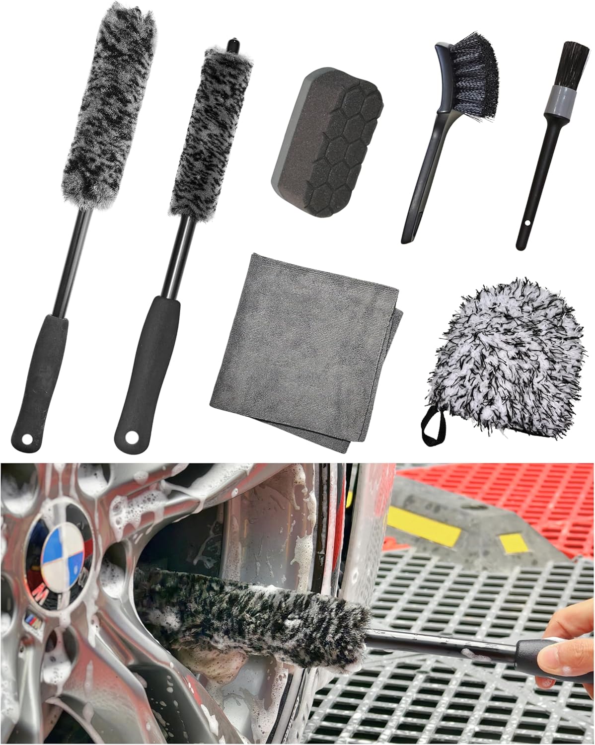 7PCS Pro-Grade Wheel Cleaning Kit: Long Handle Soft Wheel Brushes, Detailing Brush, Tire Scrubber, Wash Mitt, Hex-Logic Applicator & Microfiber Towel for Deep Car Detailing
