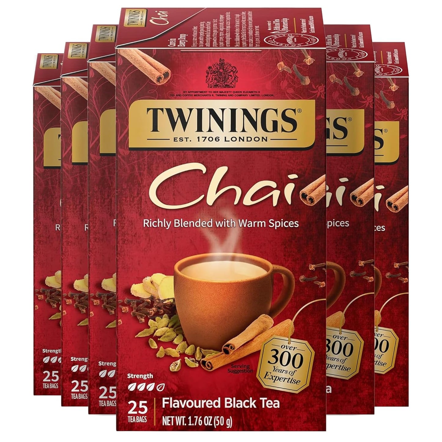 Twinings Chai Black Tea Individually Wrapped Bags, 25 Count (Pack of 6), Sweet, Savoury Spices, Caffeinated, Enjoy Hot or Iced, 150 Teabags