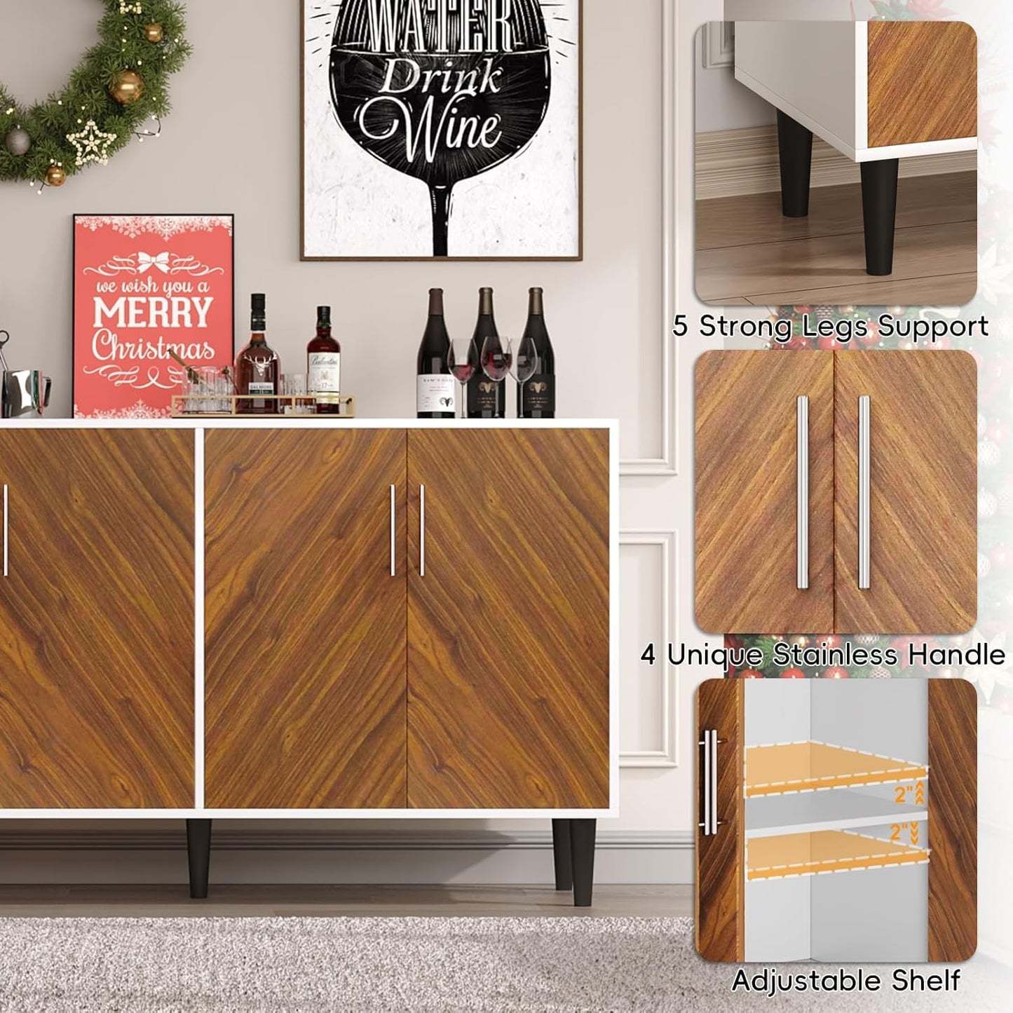 4 EVER WINNER Coffee Bar Cabinet with 4 Doors, Sideboard Buffet Cabinet with Storage, Walnut Buffet Cabinet with Storage with Adjustable Shelves for Kitchen,Living Room,White